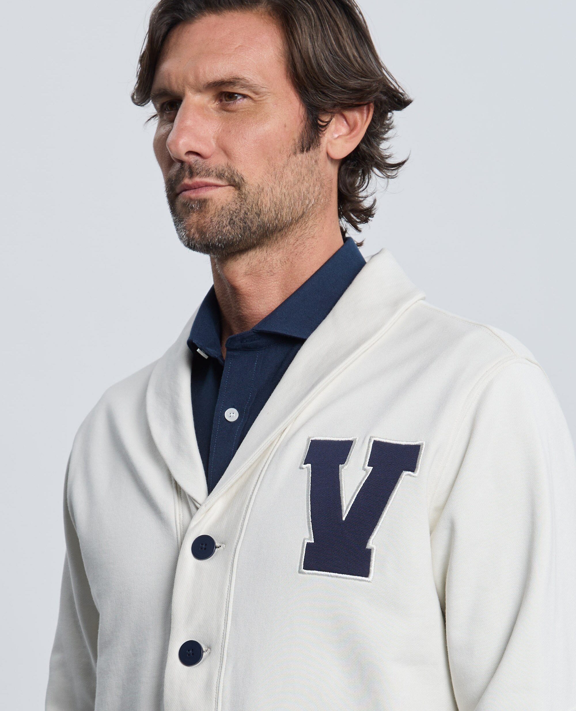 Sudadera de hombre de cierre con botones con cuello smokin - Valecuatro - Blanco roto Blanco roto-3