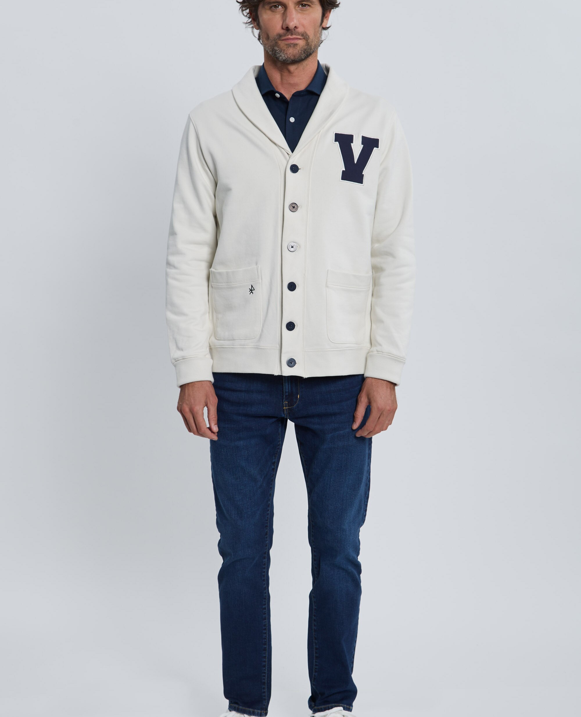 Sudadera de hombre de cierre con botones con cuello smokin - Valecuatro - Blanco roto Blanco roto-4