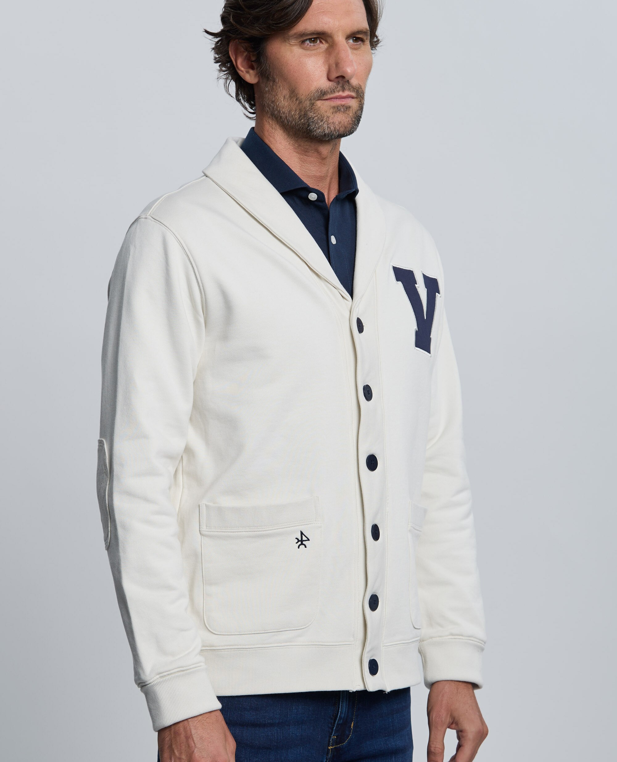 Sudadera de hombre de cierre con botones con cuello smokin - Valecuatro - Blanco roto Blanco roto-5