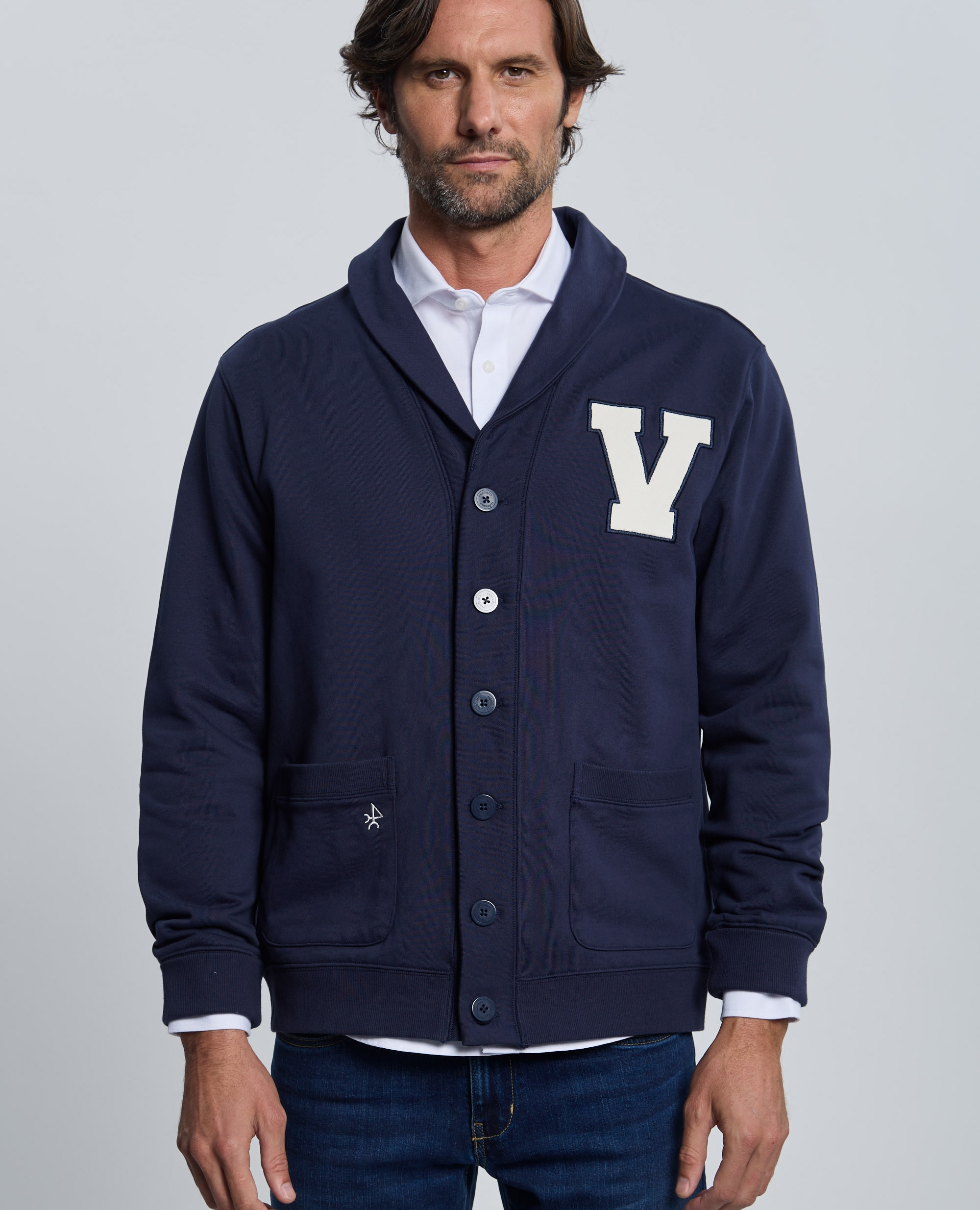Imagen 0 de Sudadera de hombre de cierre con botones con cuello smokin Azul marino
