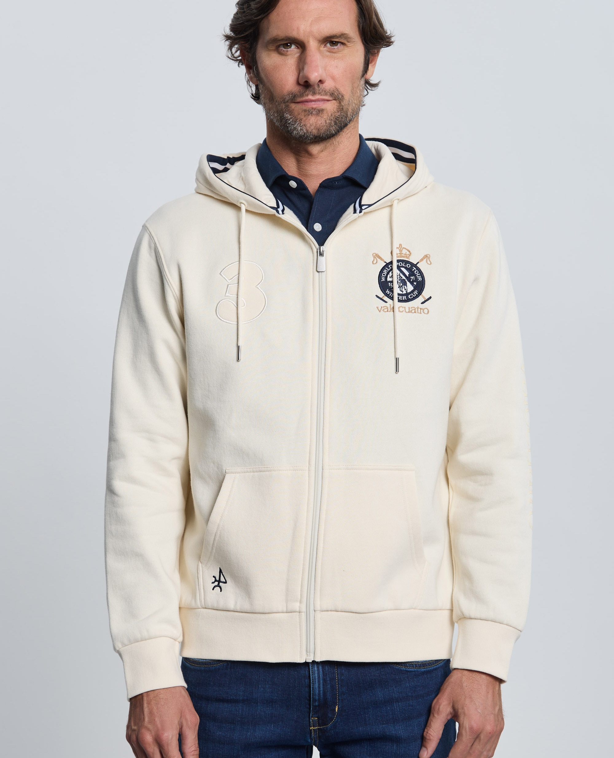 Sudadera de hombre de cierre con cremallera con capucha - Valecuatro - Blanco roto Blanco roto-1