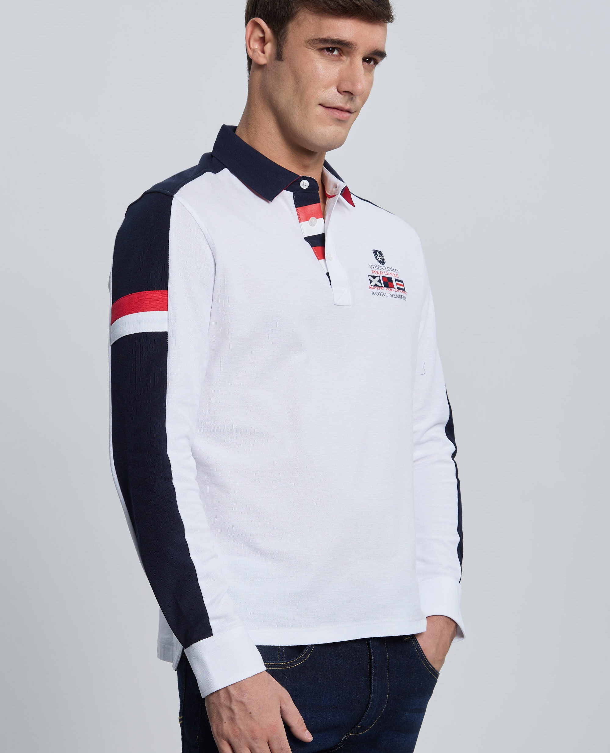 Polo de piqué de hombre corte classic manga larga multiestampado - Valecuatro - Blanco Blanco-5