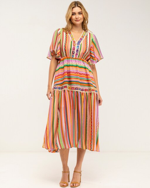Imagen 0 de Vestido midi de algodón con rayas y detalles de lentejuelas