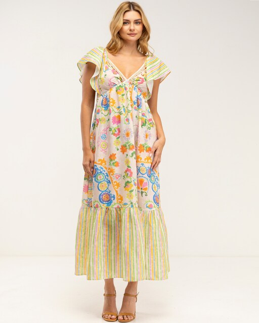 Imagen 0 de Vestido estampado con detalles de lentejuelas y volante