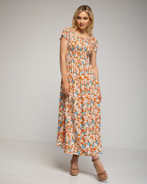 Imagen 0 de Vestido maxi floreado con pecho y mangas fruncidas