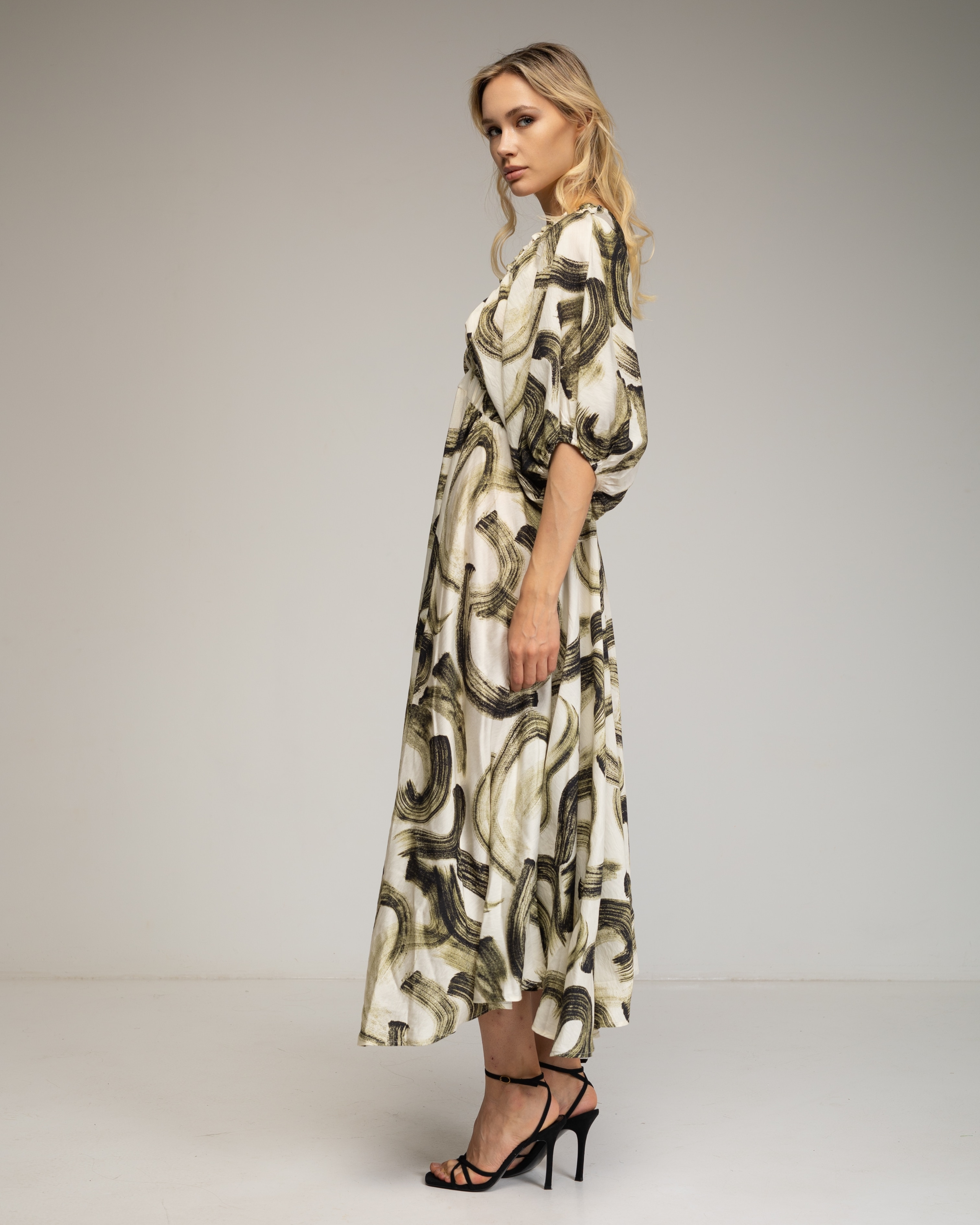 Vestido maxi estampado de mangas abullonadas - Tantra - Verde militar Verde militar-2