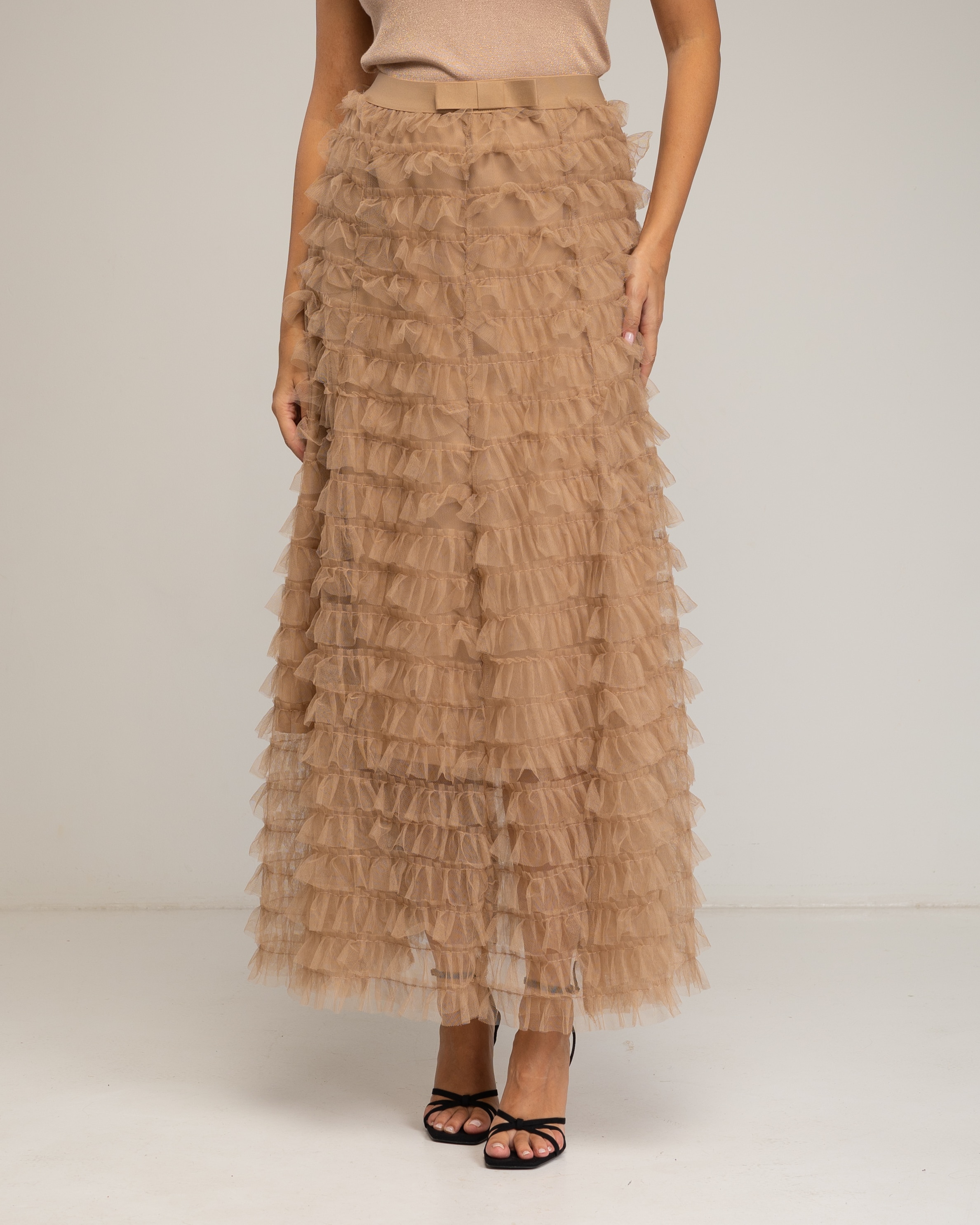 Falda larga con volantes de tul y lazo - Tantra - Beige Beige-2