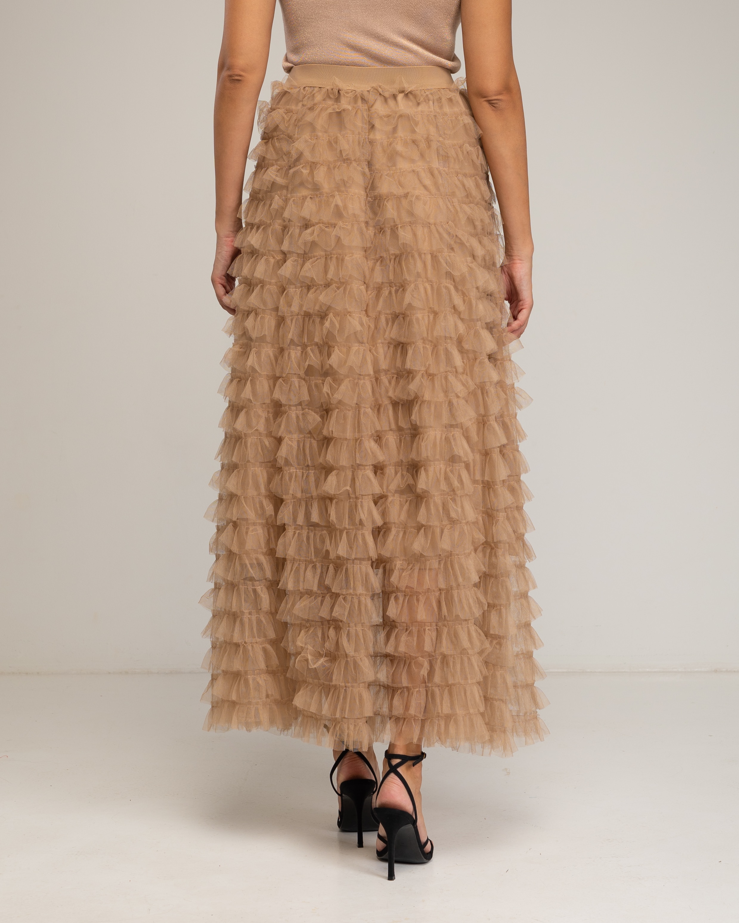 Falda larga con volantes de tul y lazo - Tantra - Beige Beige-3