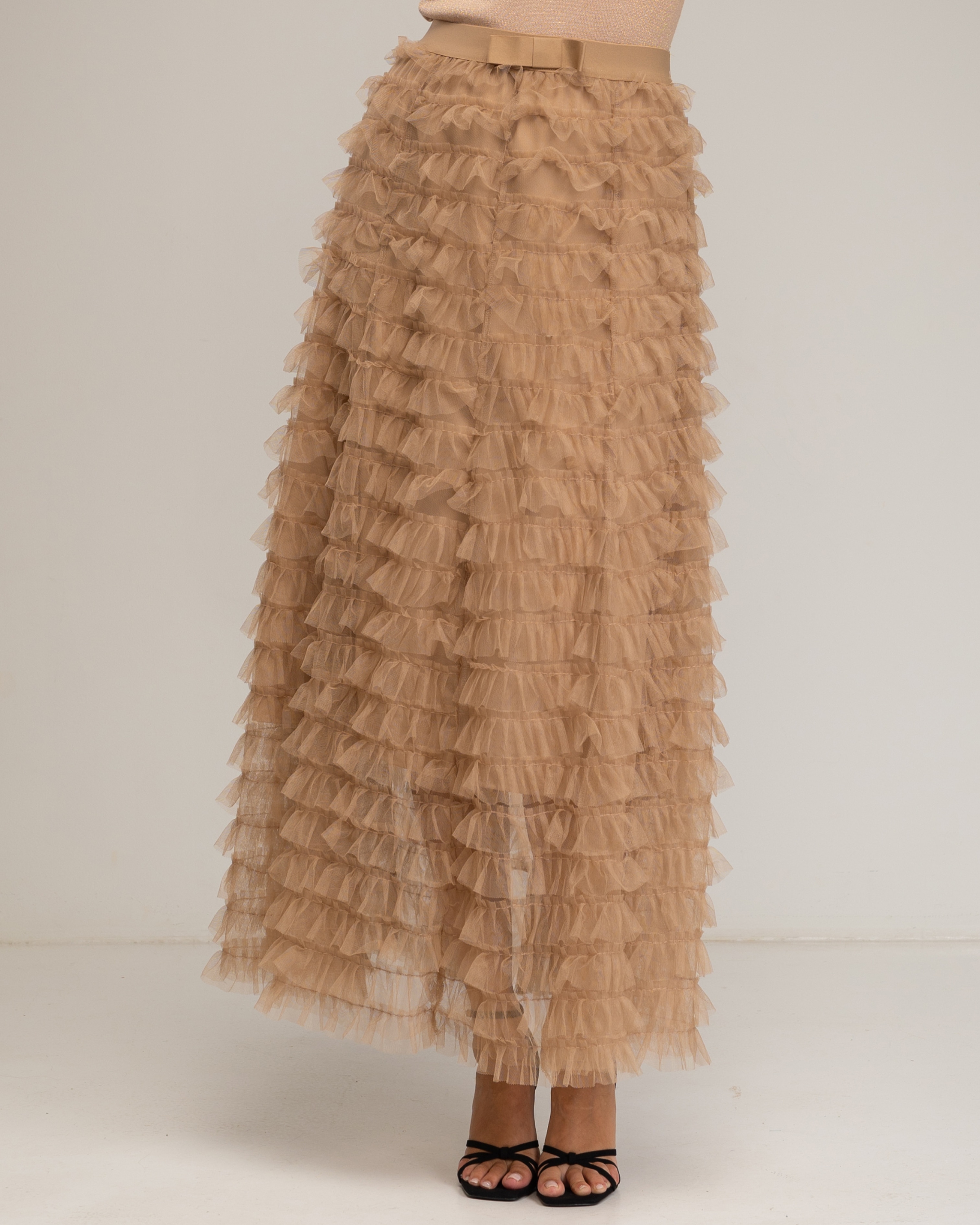 Falda larga con volantes de tul y lazo - Tantra - Beige Beige-4