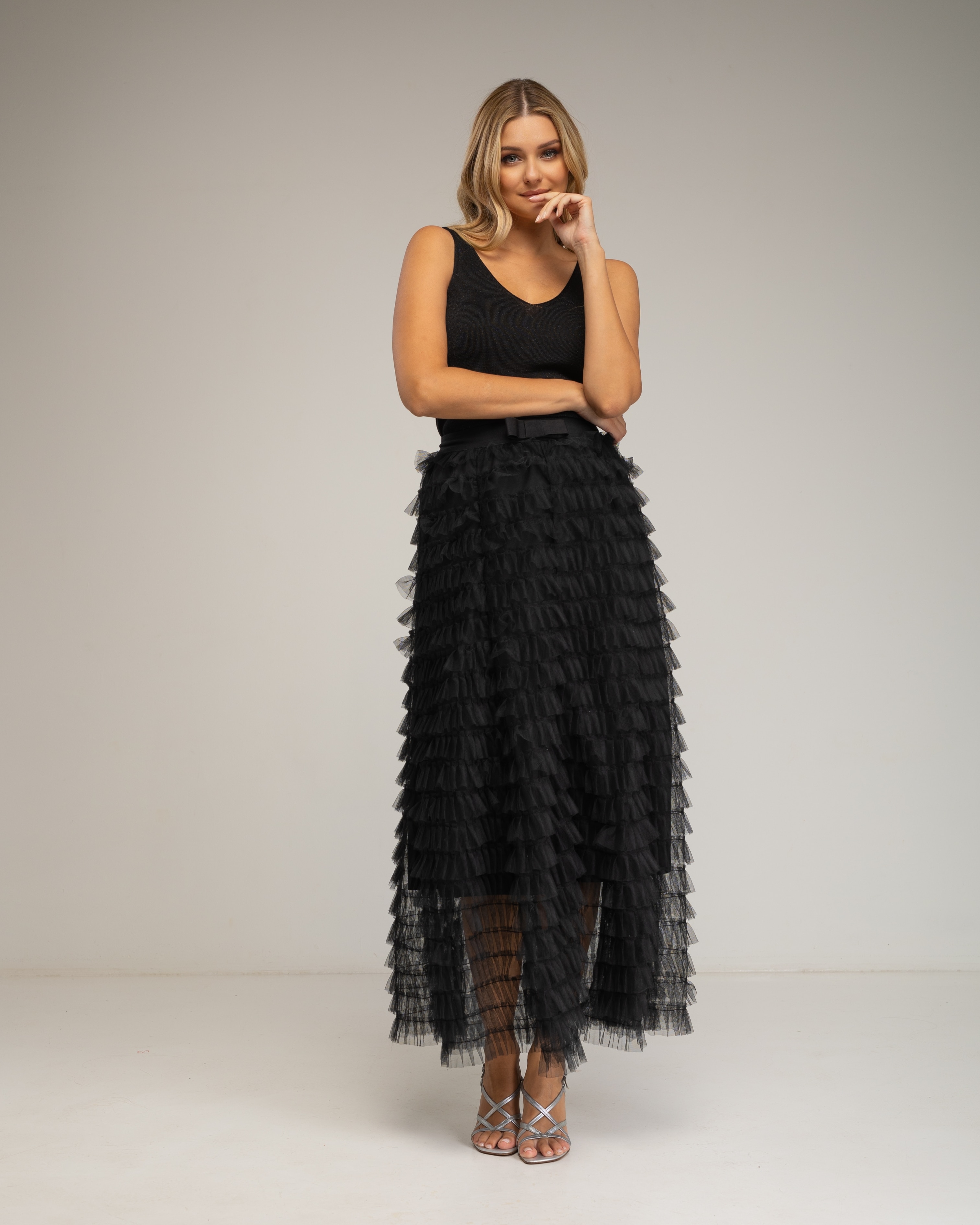 Falda larga con volantes de tul y lazo - Tantra - Negro Negro-1