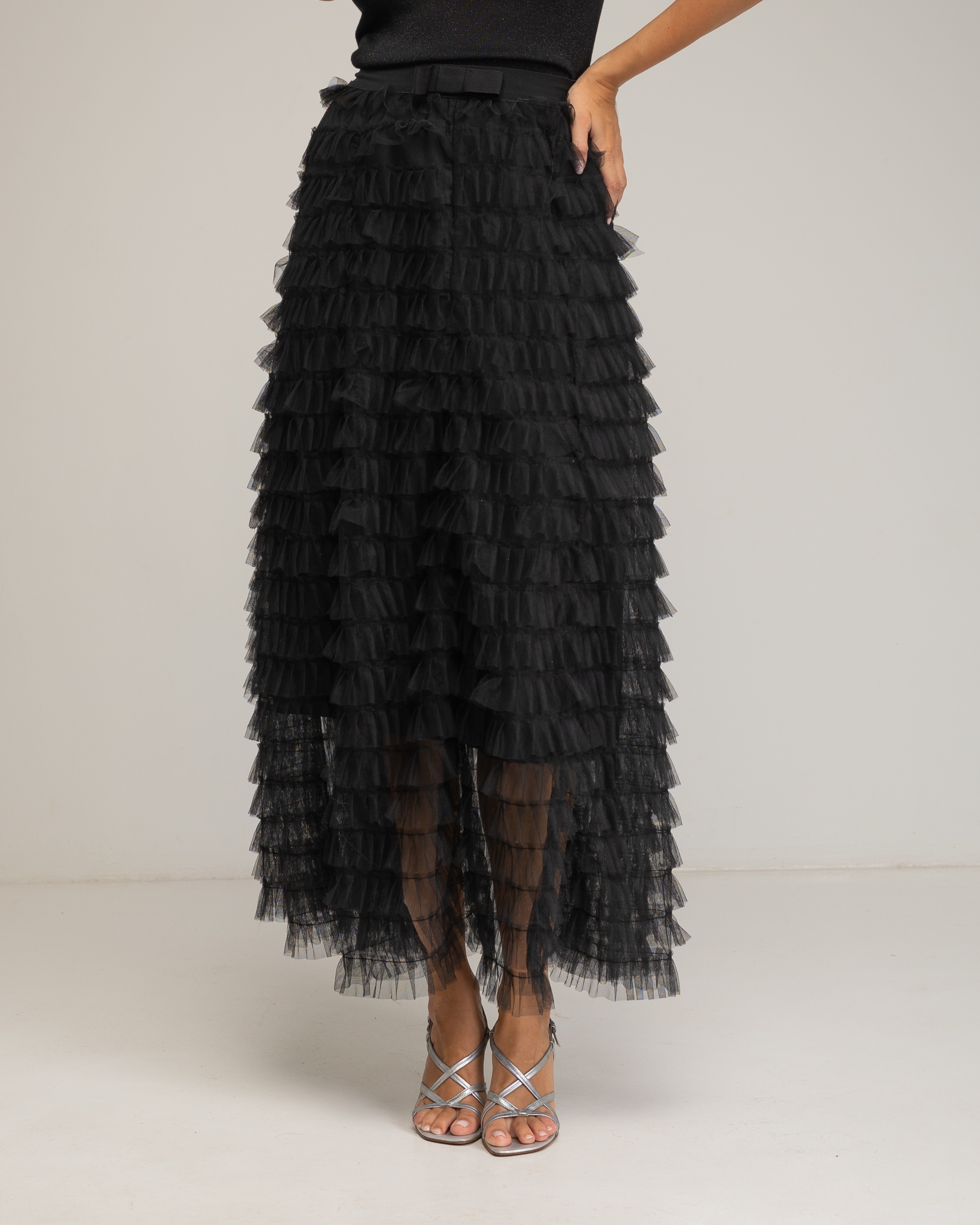 Falda larga con volantes de tul y lazo - Tantra - Negro Negro-2