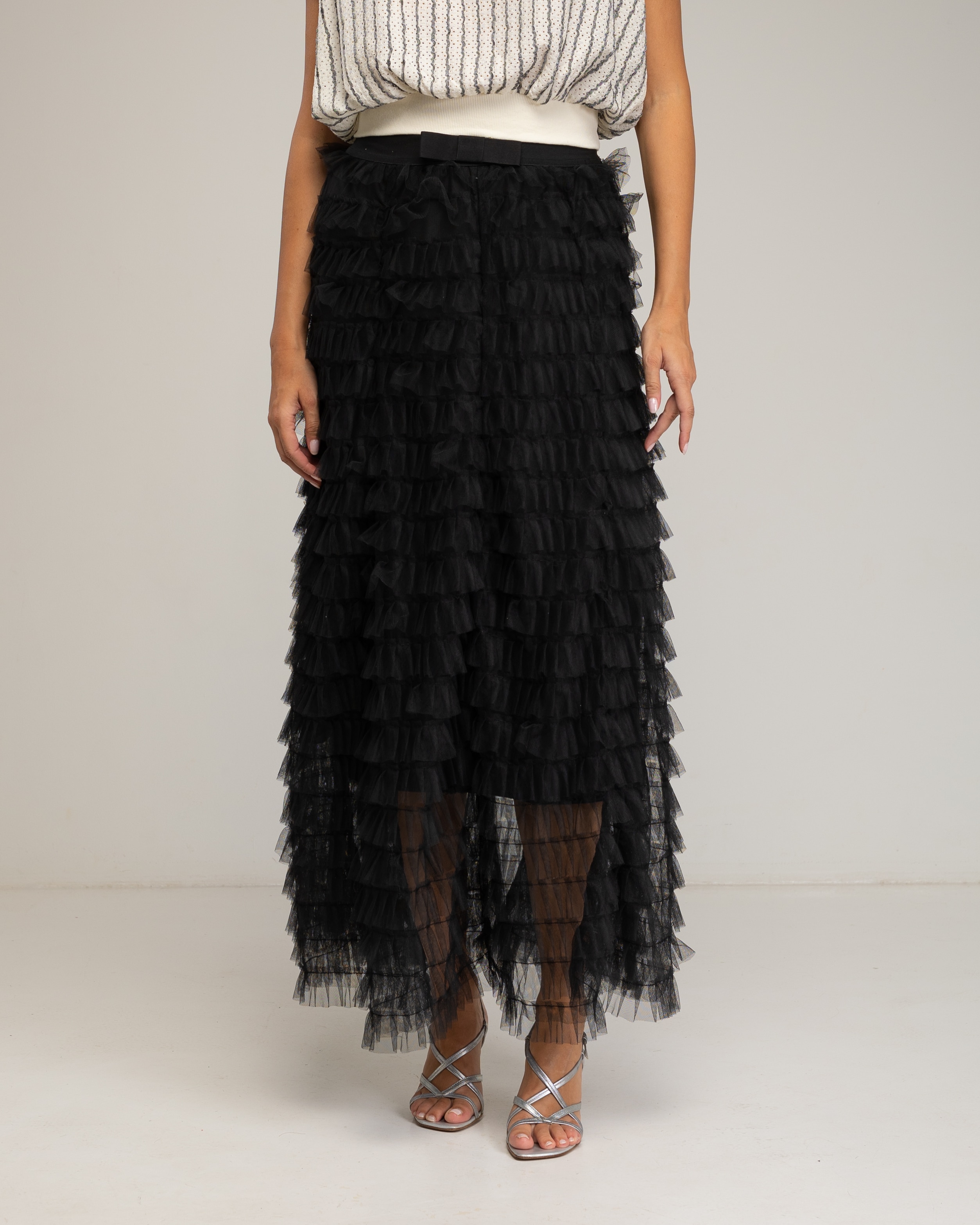 Falda larga con volantes de tul y lazo - Tantra - Negro Negro-4