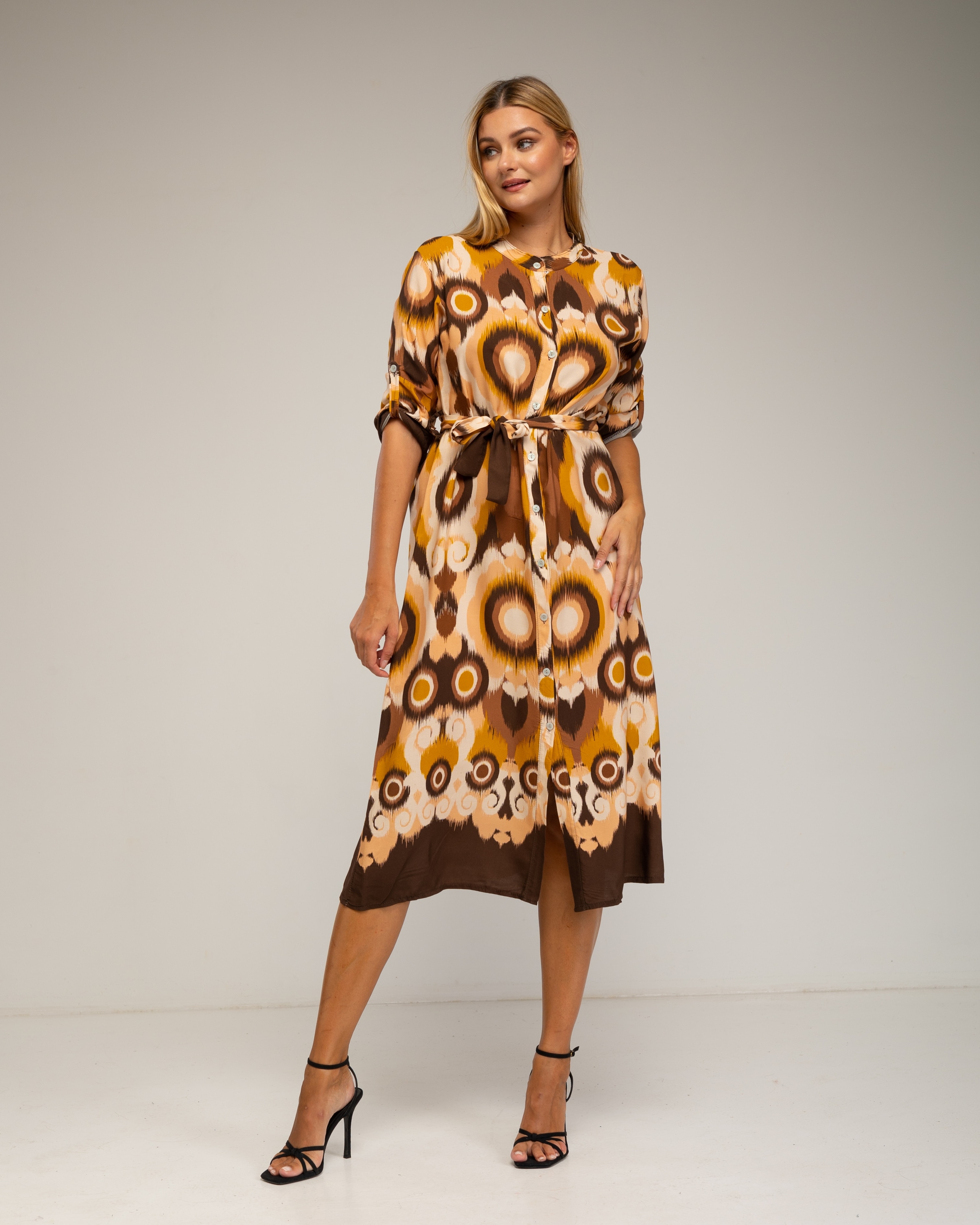 Vestido camisero midi con estampado étnico - Tantra - Marrón Marrón-1