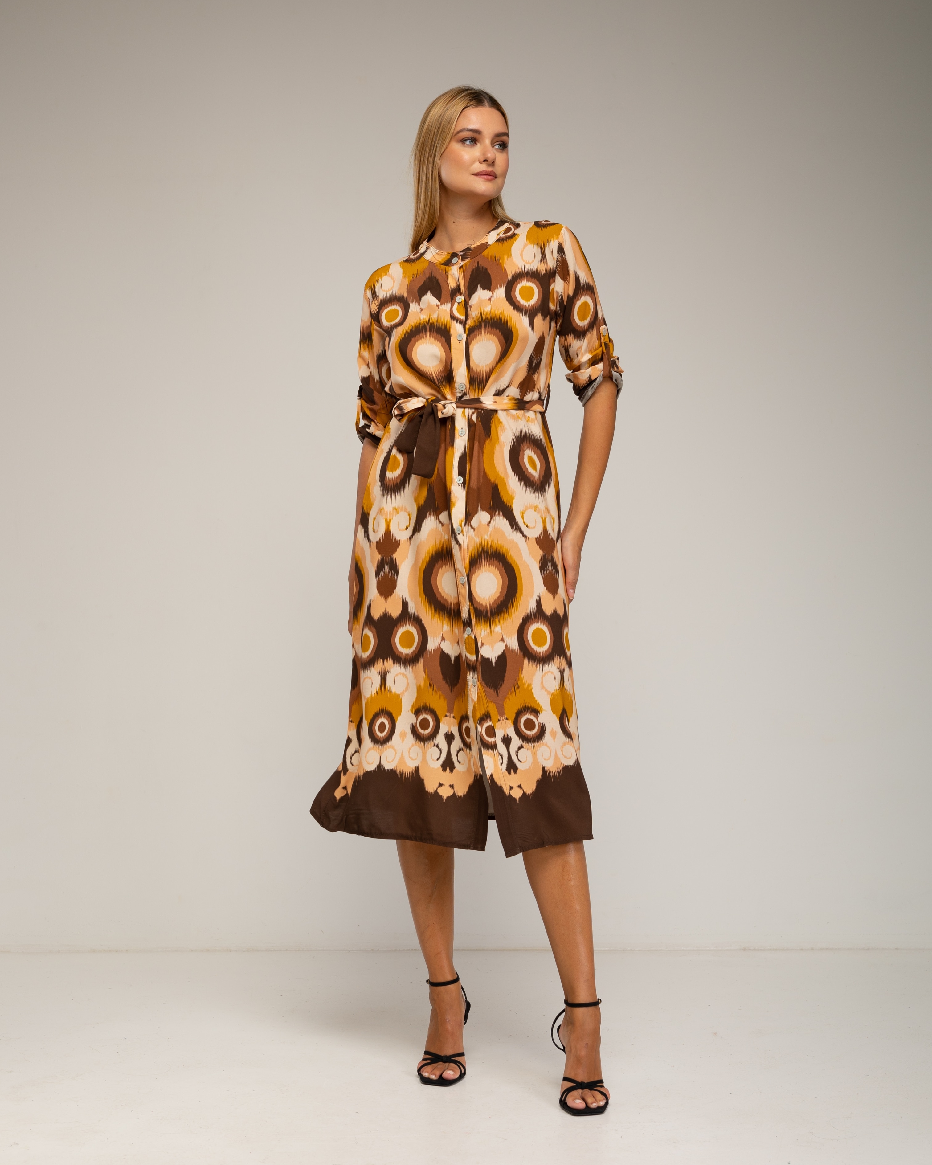 Vestido camisero midi con estampado étnico - Tantra - Marrón Marrón-2