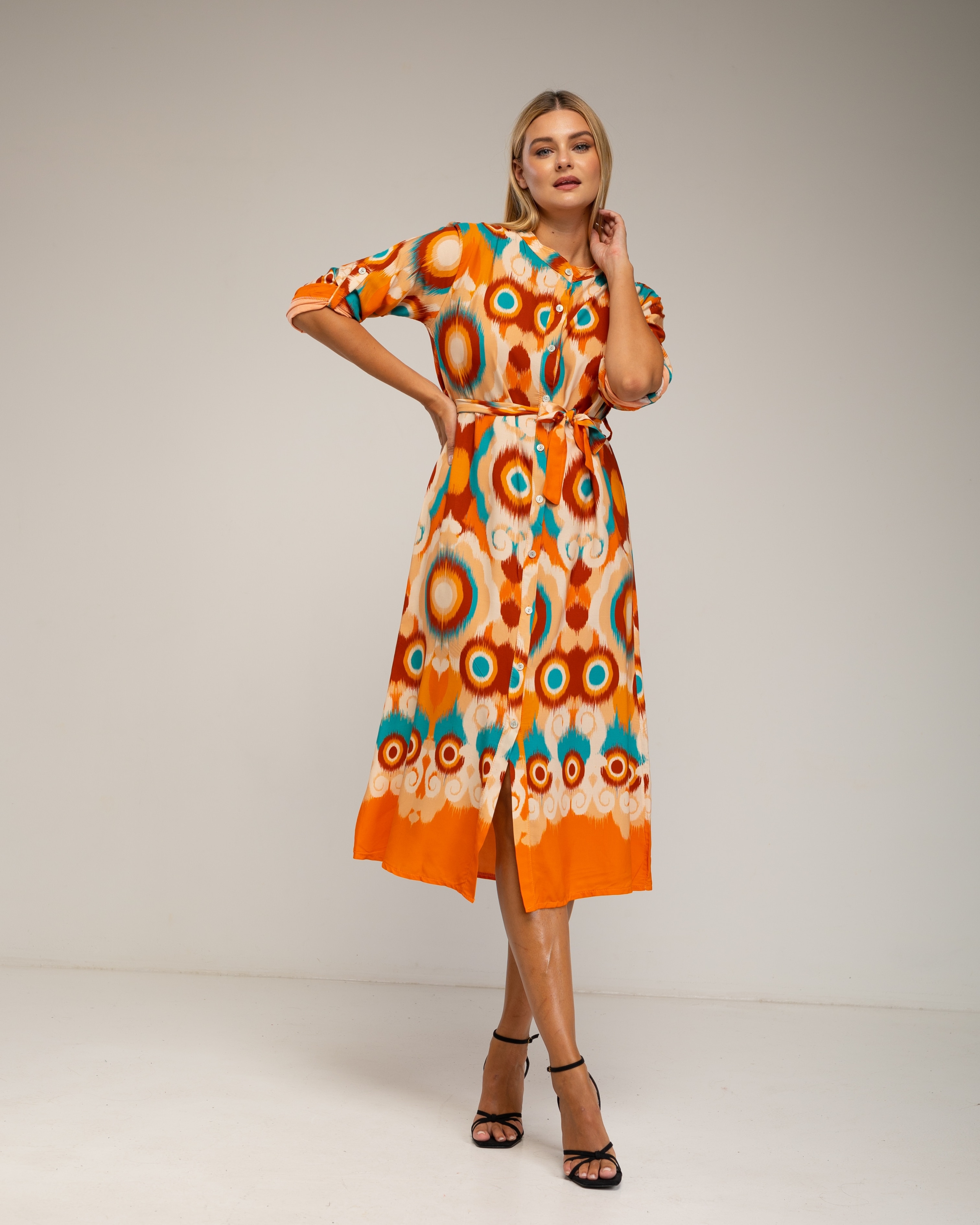 Vestido camisero midi con estampado étnico - Tantra - Naranja Naranja-1