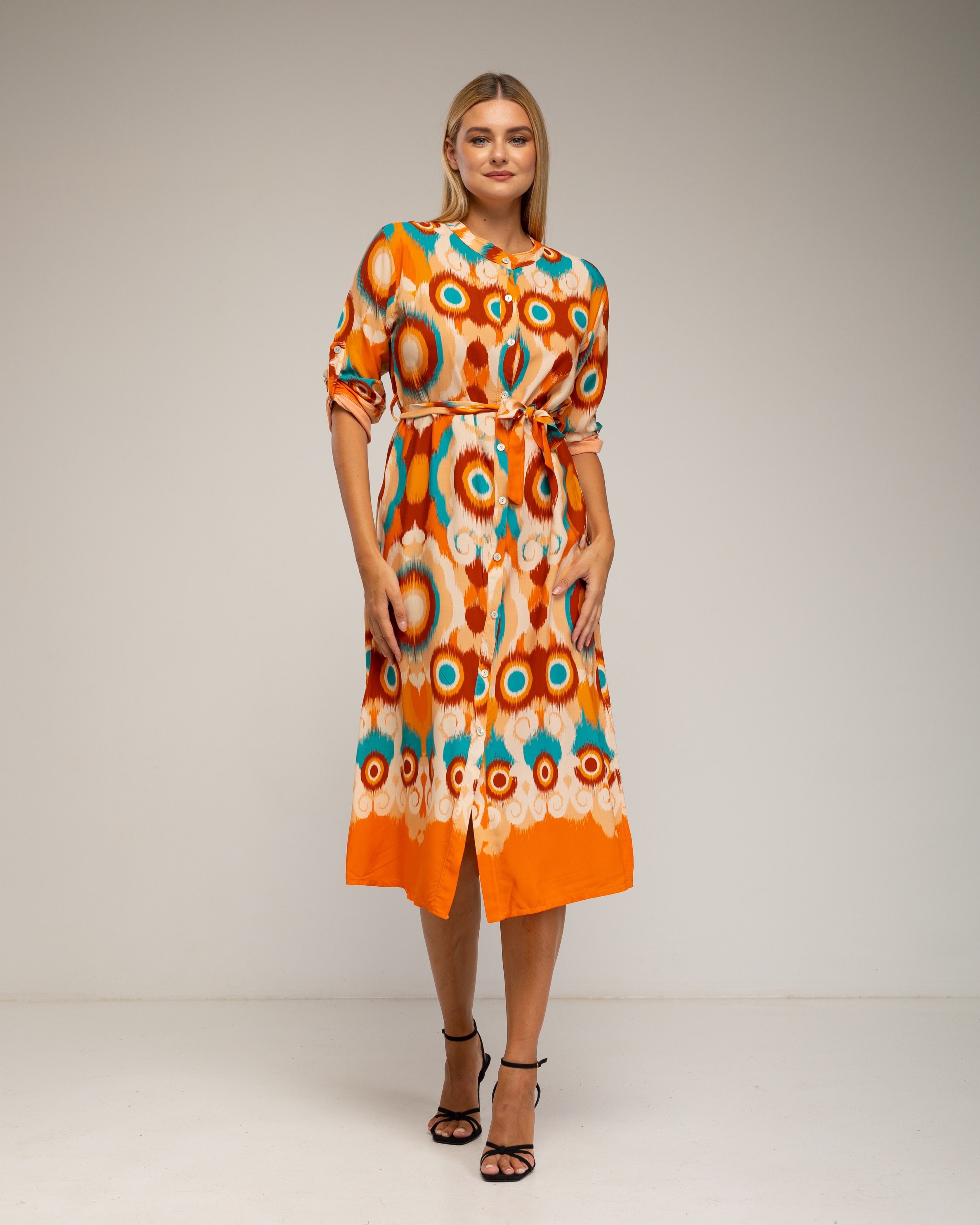 Vestido camisero midi con estampado étnico - Tantra - Naranja Naranja-2