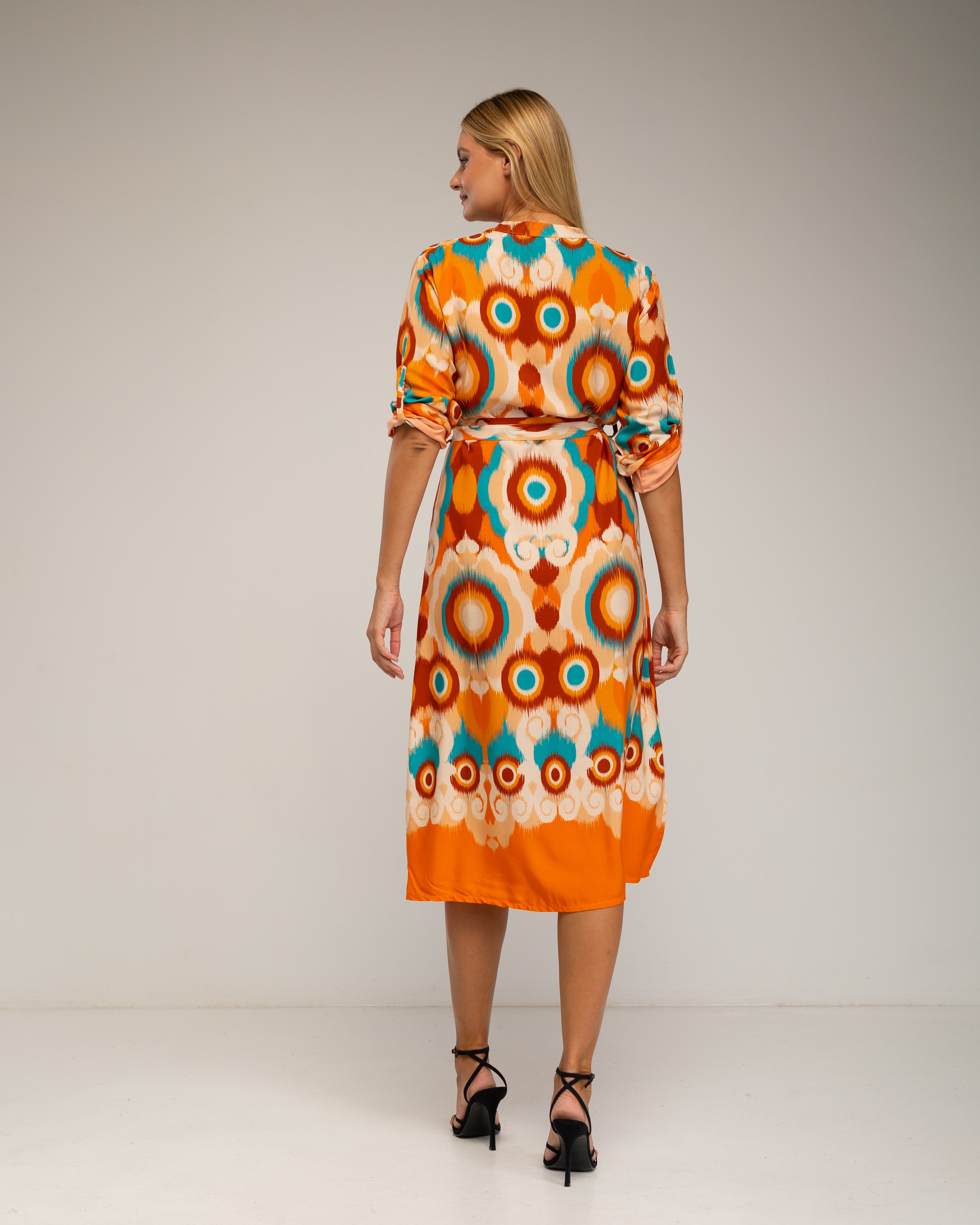 Vestido camisero midi con estampado étnico - Tantra - Naranja Naranja-3