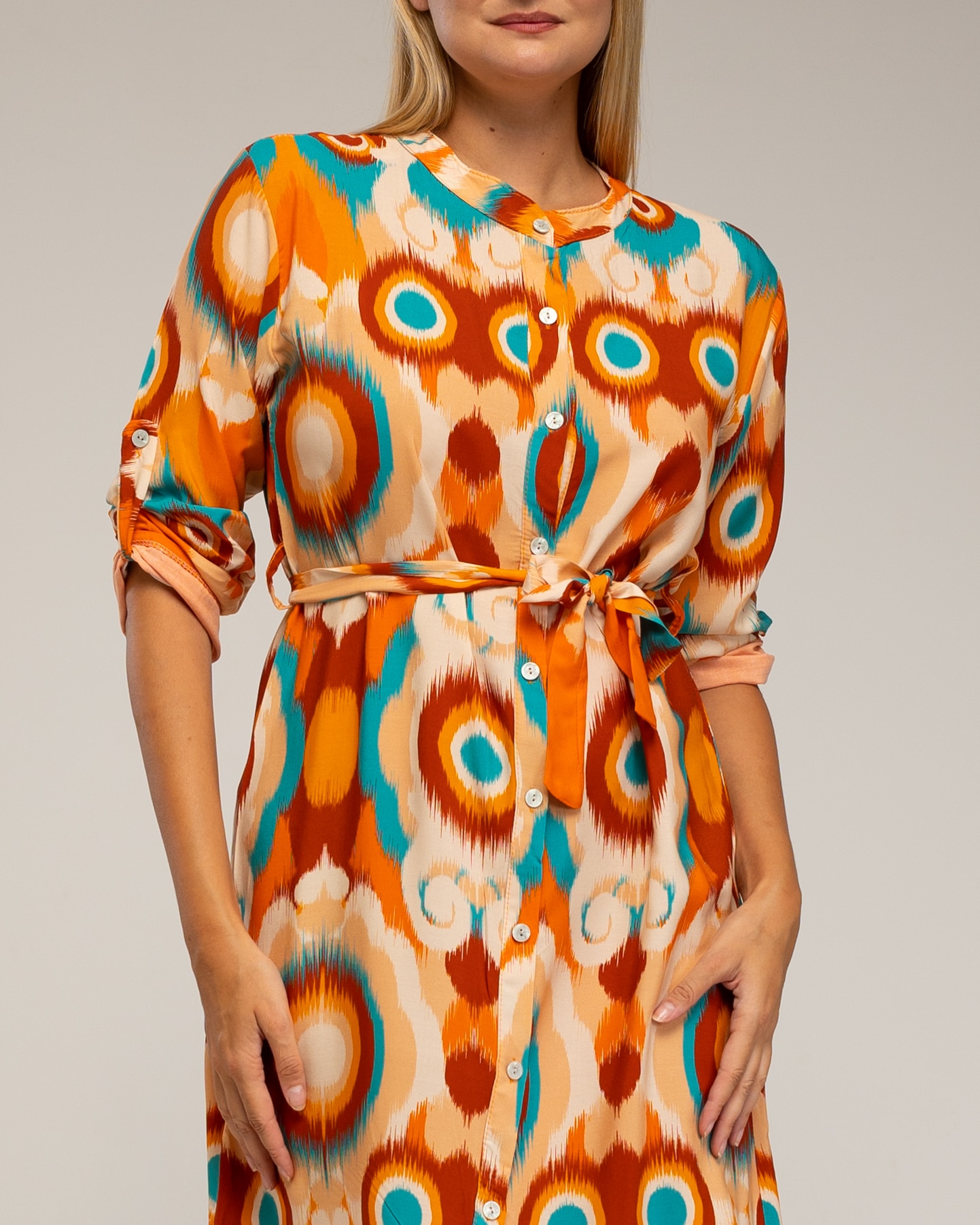 Vestido camisero midi con estampado étnico - Tantra - Naranja Naranja-4