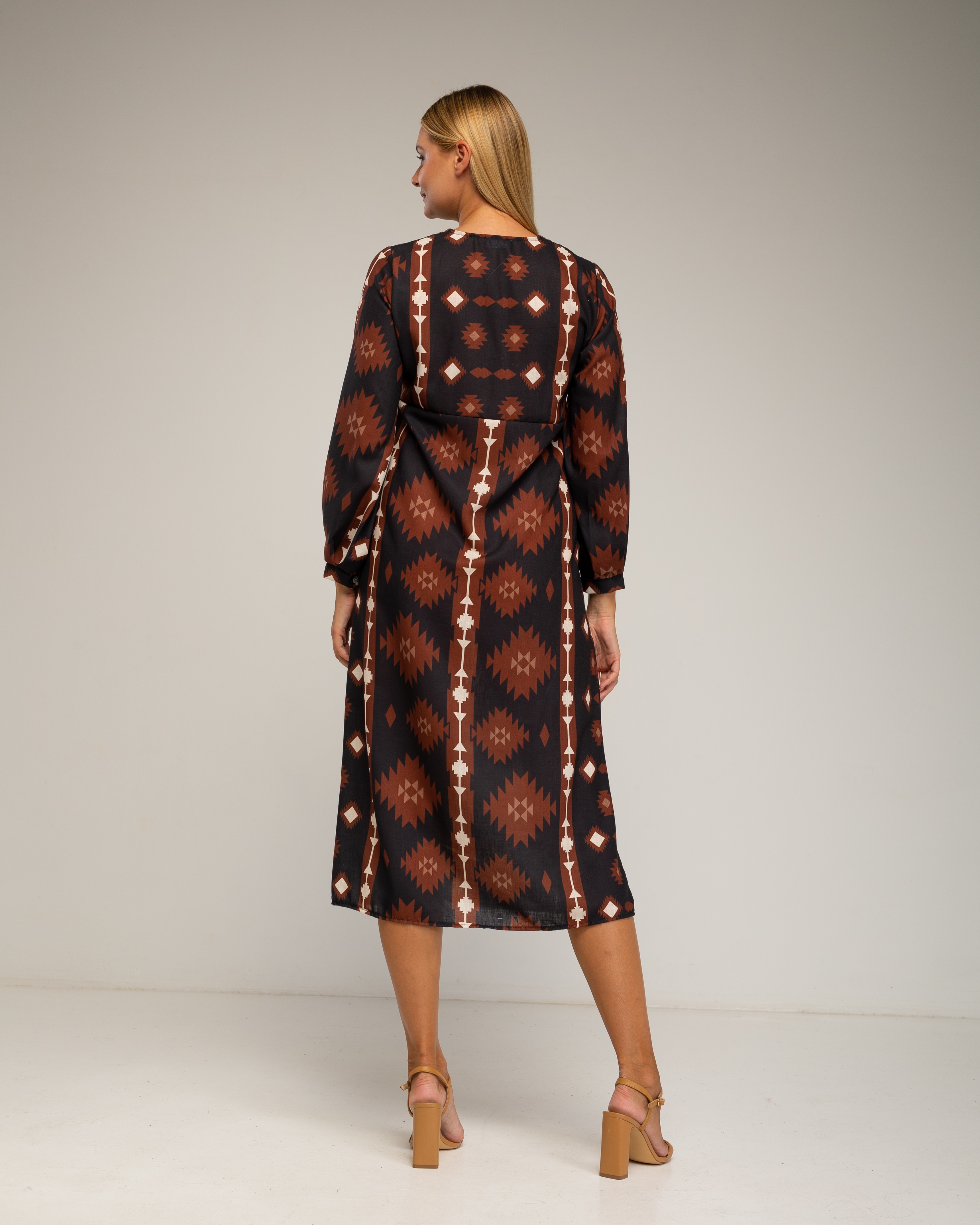 Vestido midi con lino, estampado etnico tipo túnica - Tantra - Marrón Marrón-3