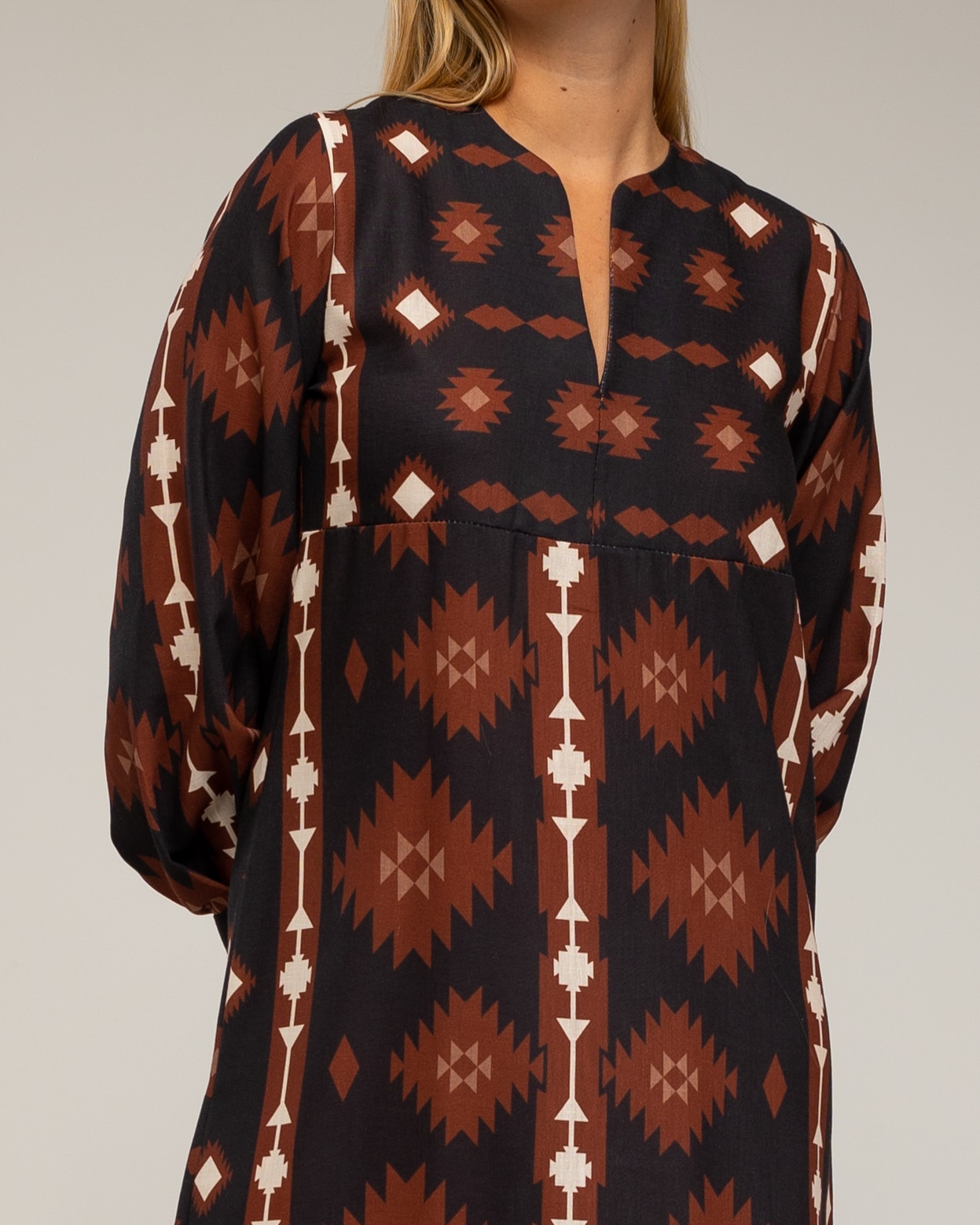 Vestido midi con lino, estampado etnico tipo túnica - Tantra - Marrón Marrón-4