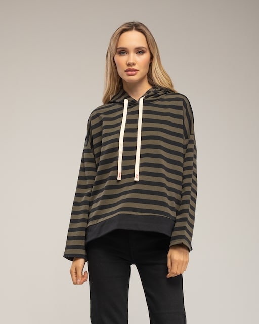 Imagen 0 de Camiseta  de mujer tipo sudadera  de rayas con capucha