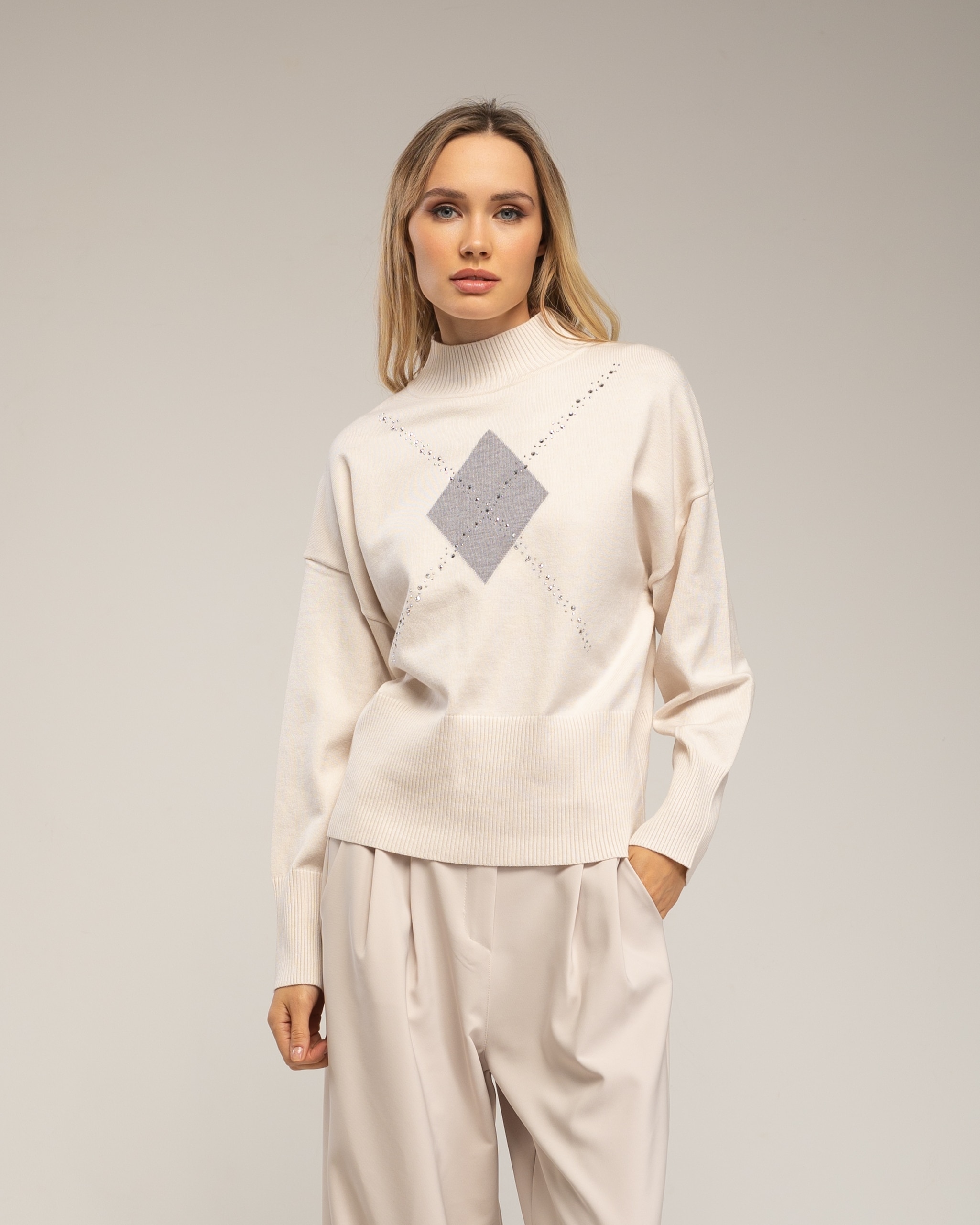 Jersey de mujer con rombo y detalles de strass - Tantra - Crudo Crudo-1
