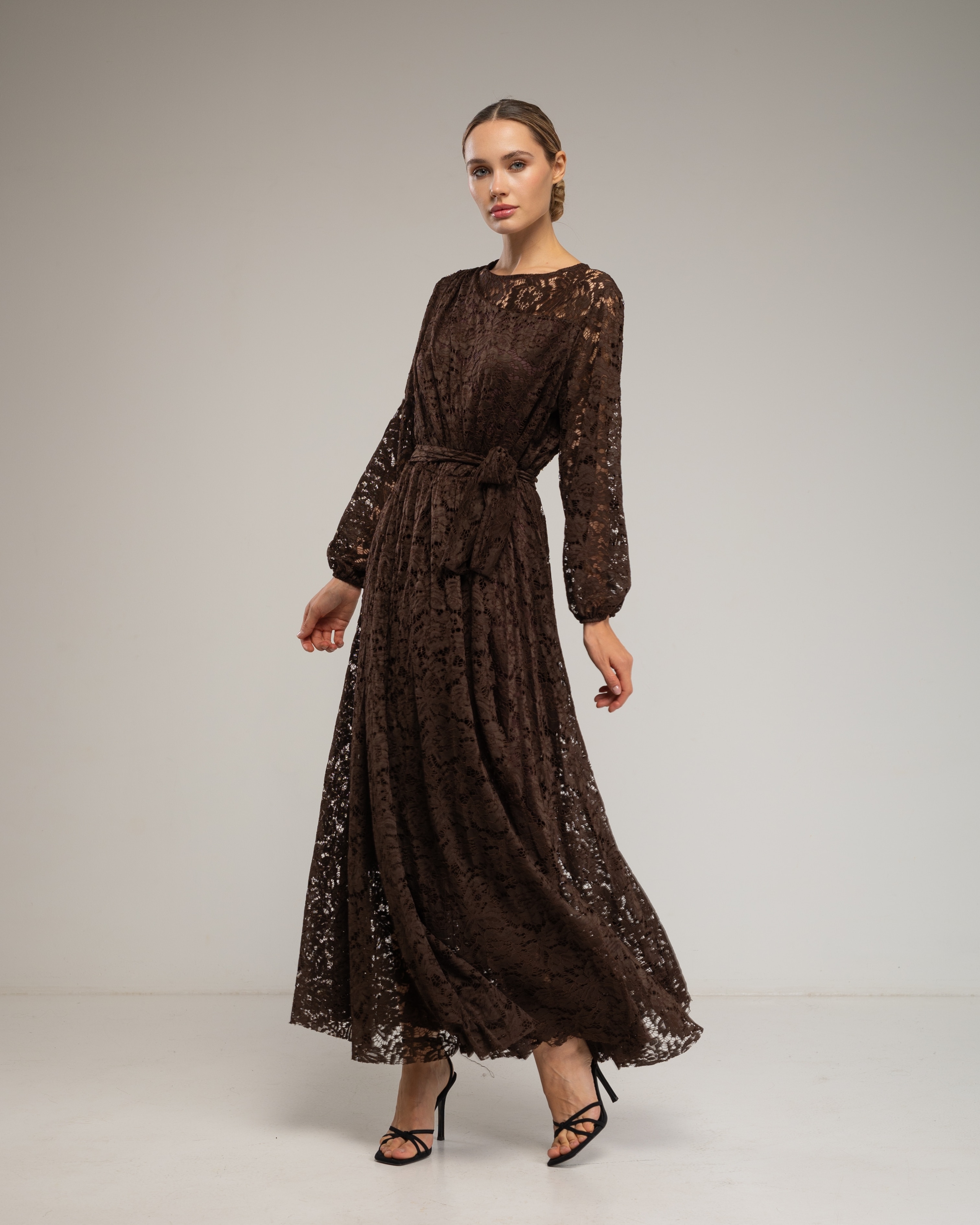 Vestido largo de encaje con cintura elástica, cinturon - Tantra - Marrón oscuro Marrón oscuro-1