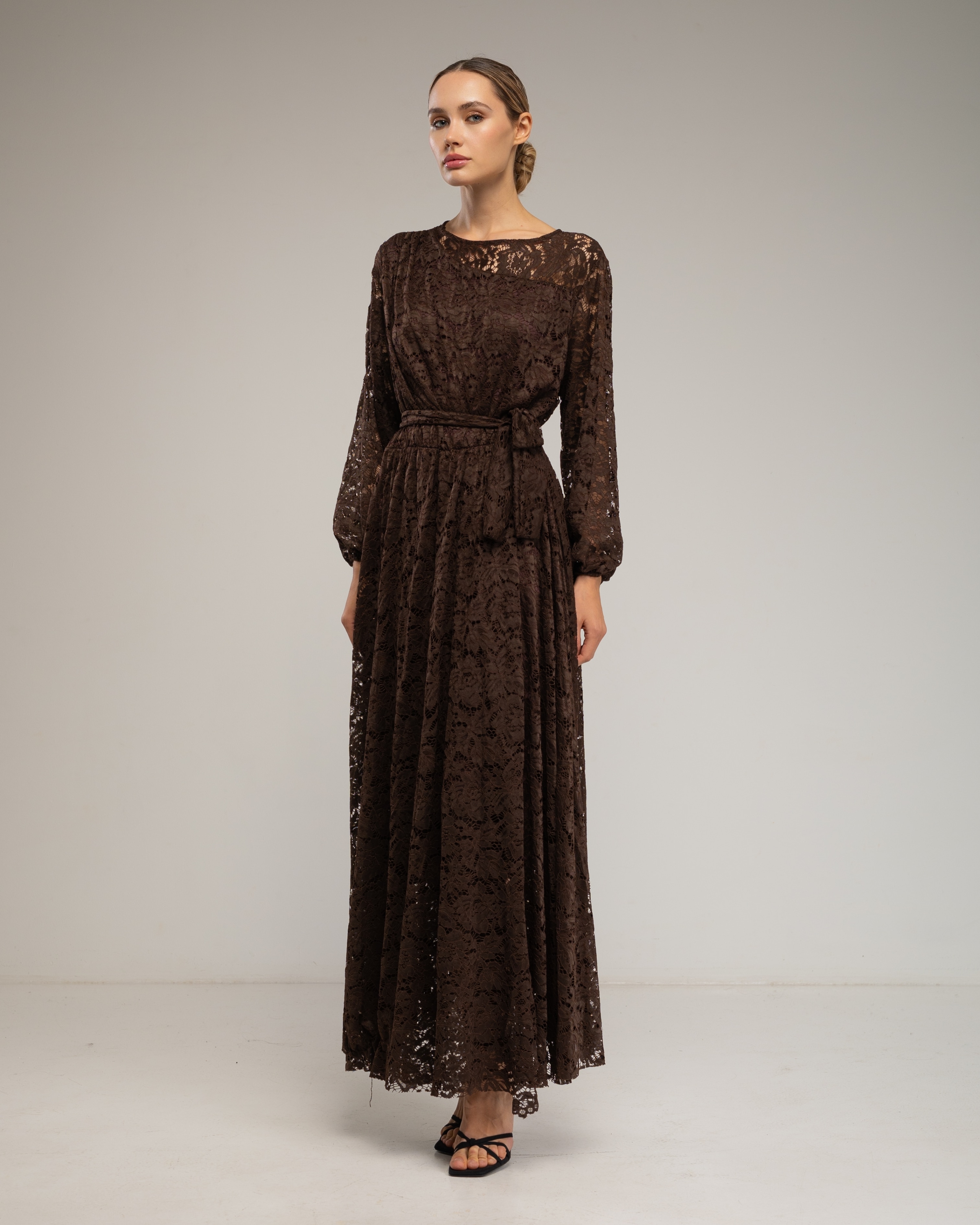 Vestido largo de encaje con cintura elástica, cinturon - Tantra - Marrón oscuro Marrón oscuro-2