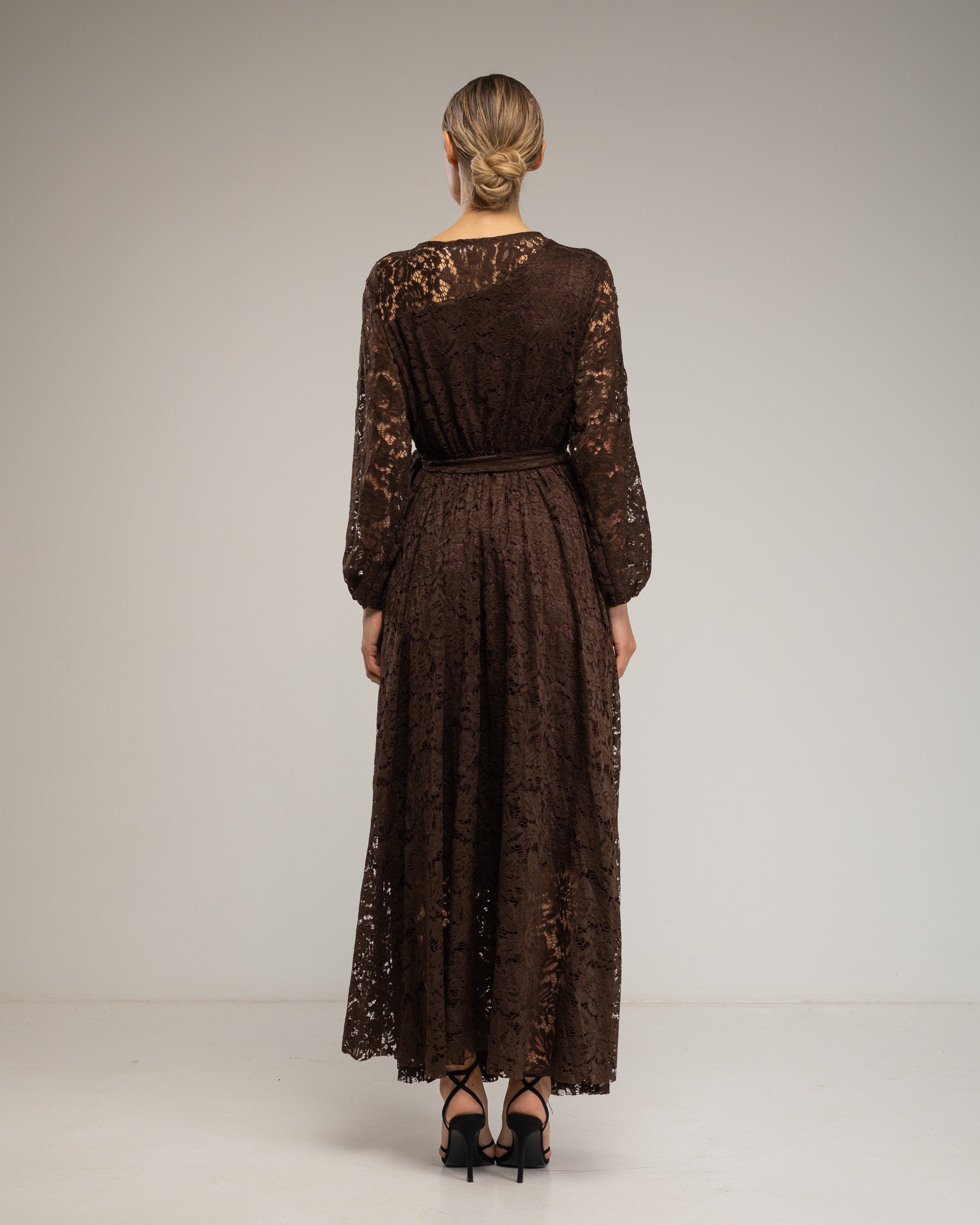 Vestido largo de encaje con cintura elástica, cinturon - Tantra - Marrón oscuro Marrón oscuro-3