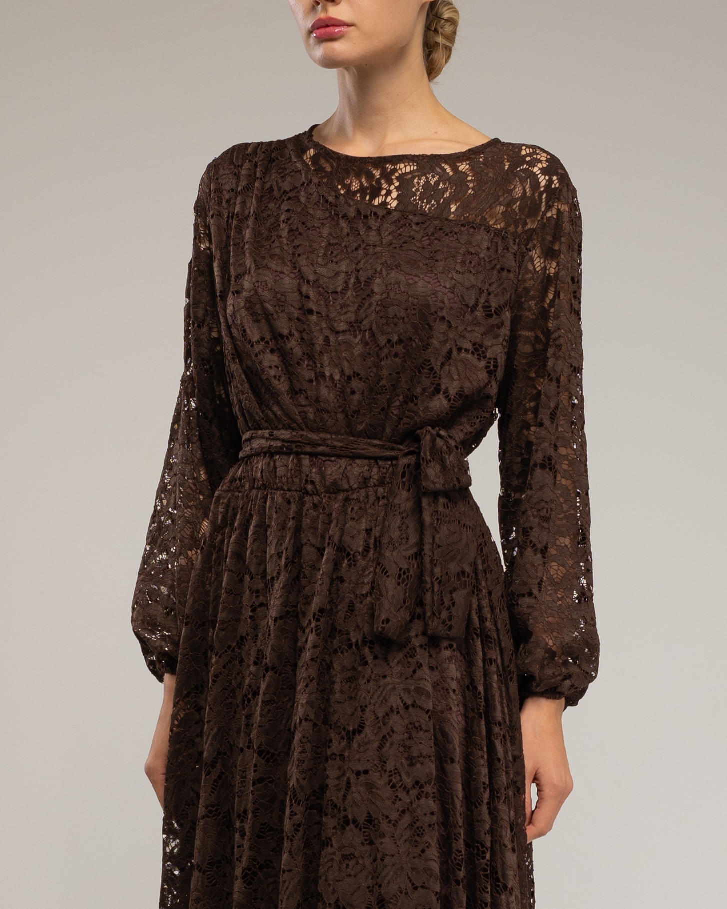 Vestido largo de encaje con cintura elástica, cinturon - Tantra - Marrón oscuro Marrón oscuro-4