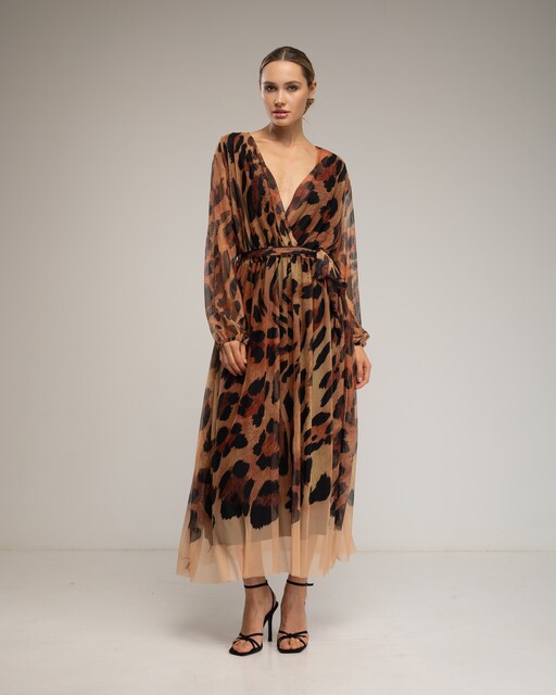 Imagen 0 de Vestido midi de tul de animal print con cuello en pico