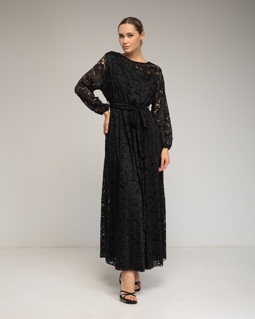 Imagen 0 de Vestido largo de encaje con cintura elástica, cinturon