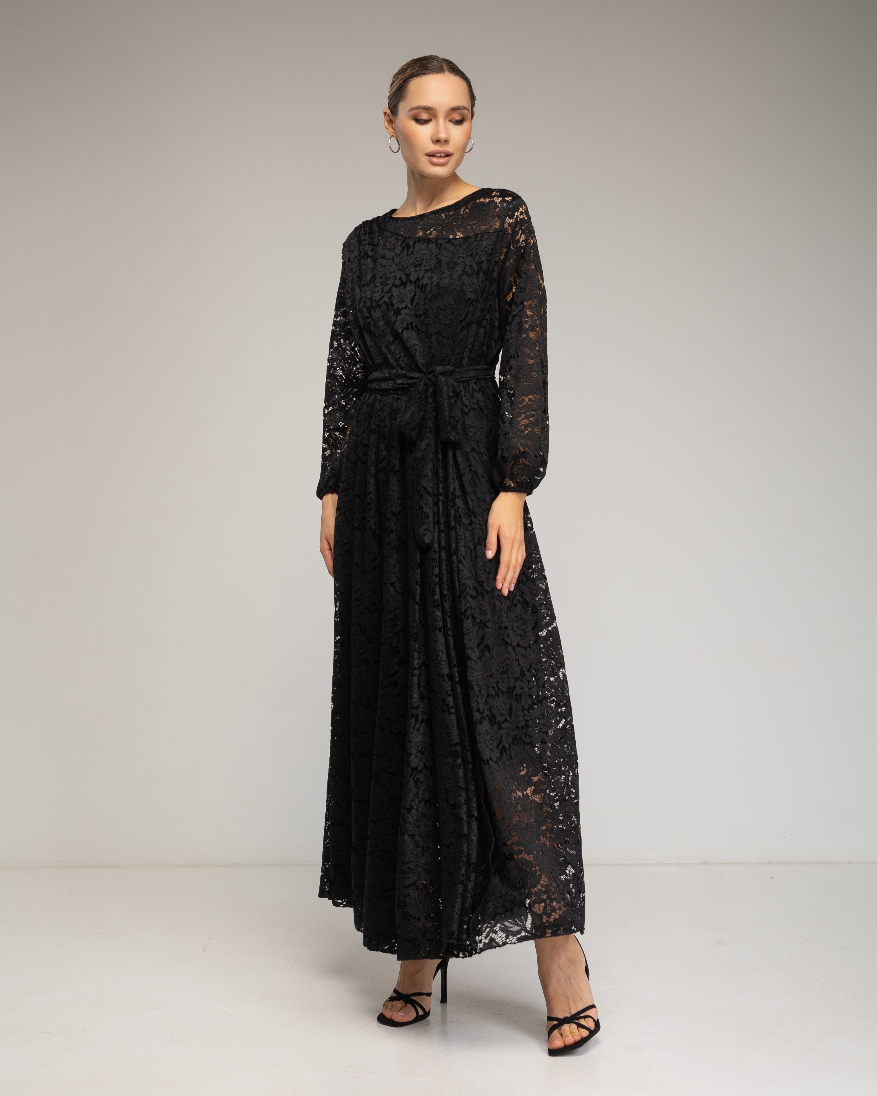 Vestido largo de encaje con cintura elástica, cinturon - Tantra - Azul marino Negro-2