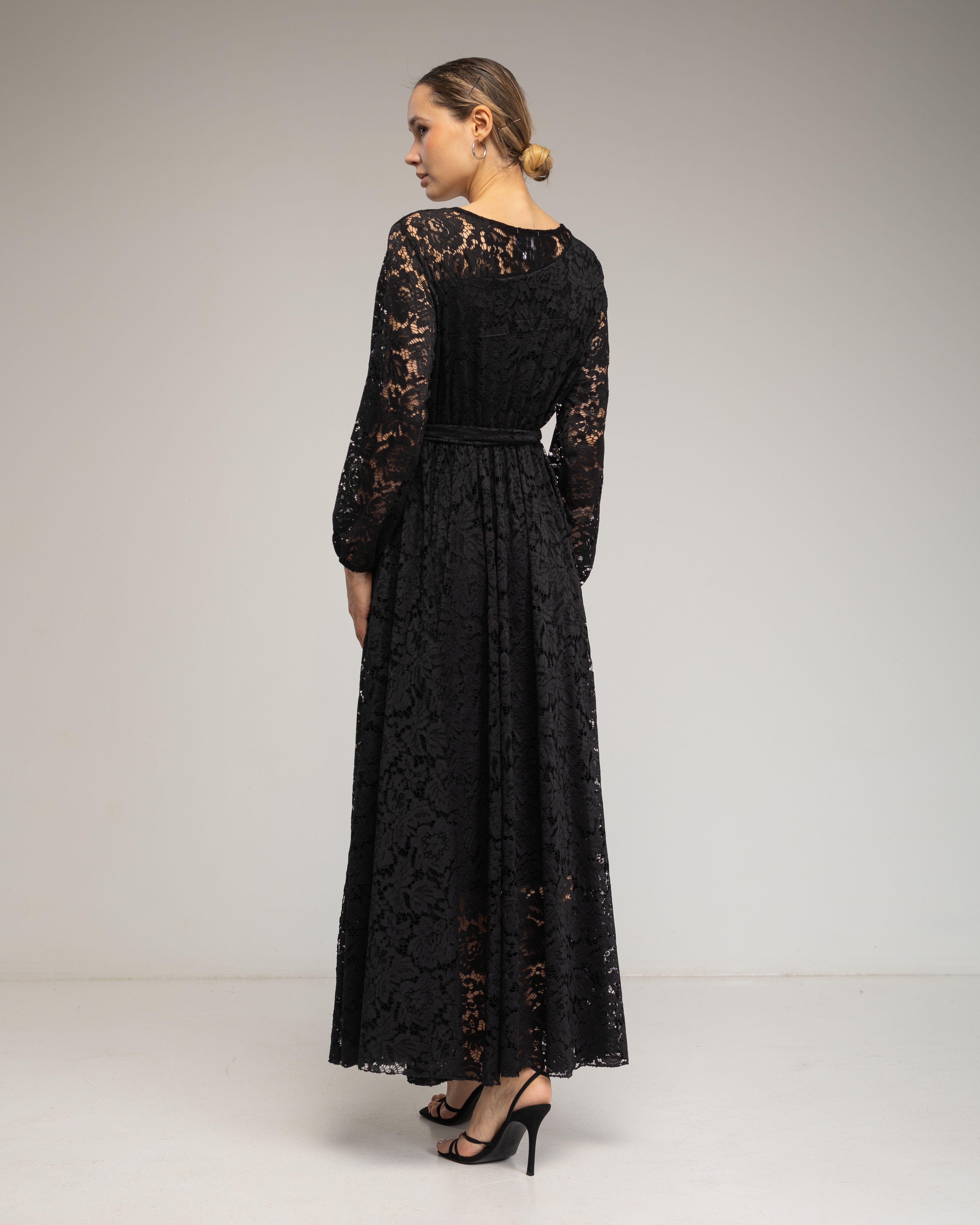 Vestido largo de encaje con cintura elástica, cinturon - Tantra - Azul marino Negro-3