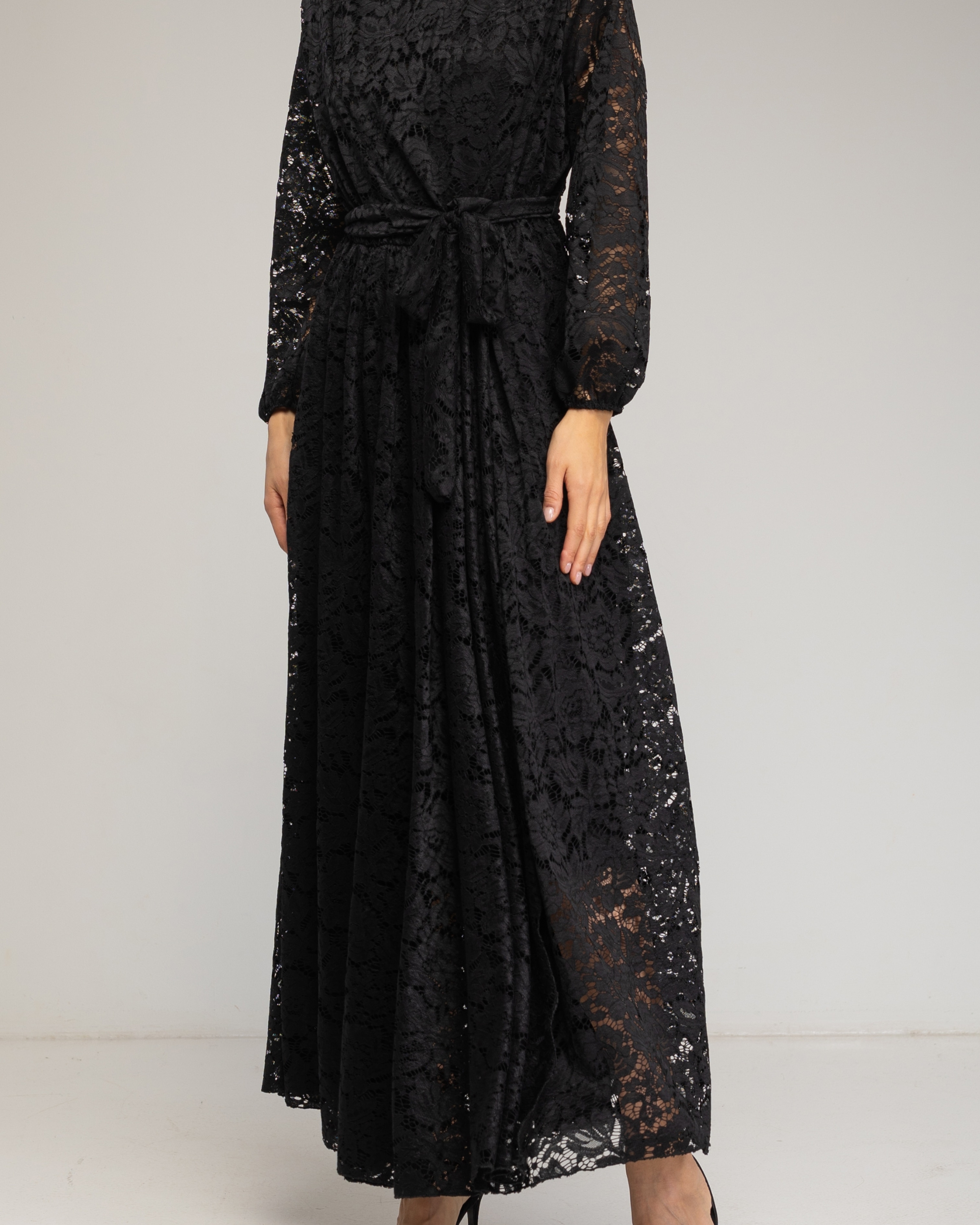 Vestido largo de encaje con cintura elástica, cinturon - Tantra - Azul marino Negro-4