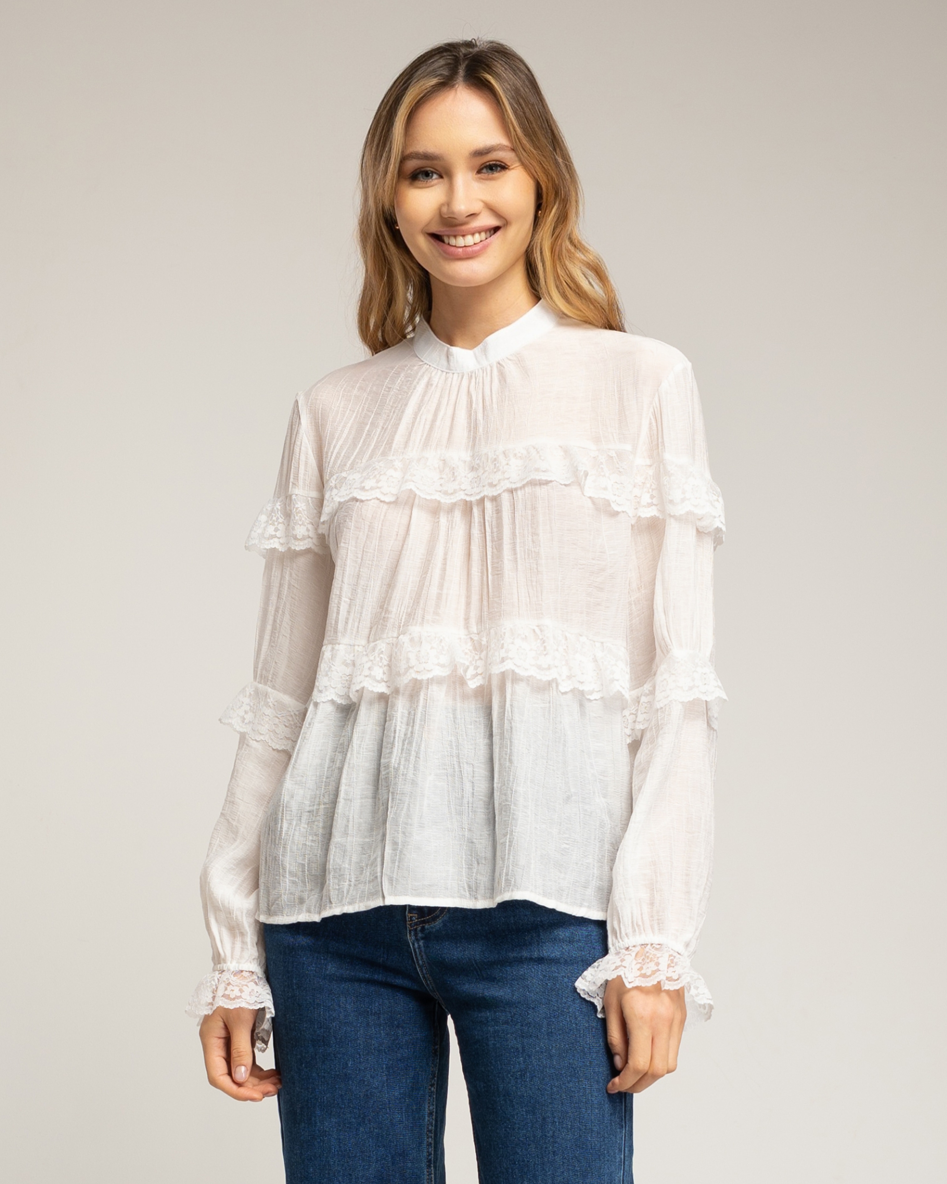 Blusa de mujer semitransparente con encaje - Tantra - Blanco Blanco-1