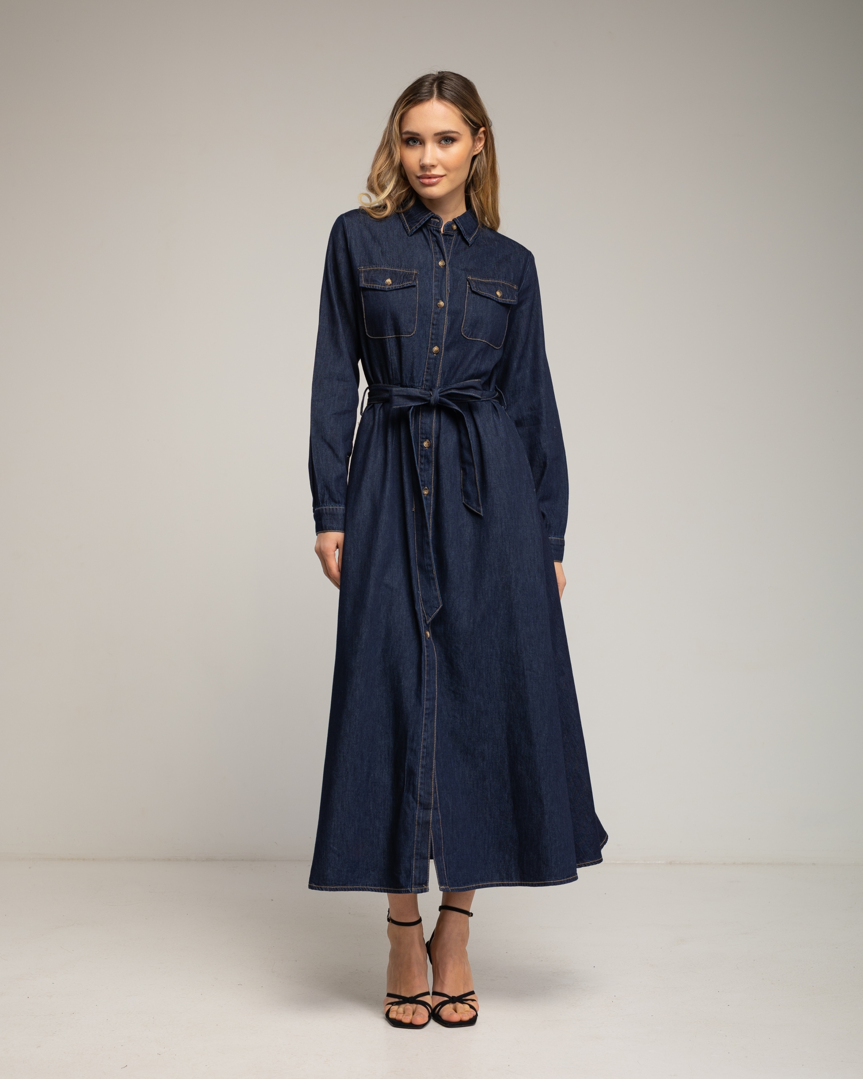 Vestido camisero de algodón midi con bolsillos en el pecho - Tantra - Azul índigo Azul índigo-2