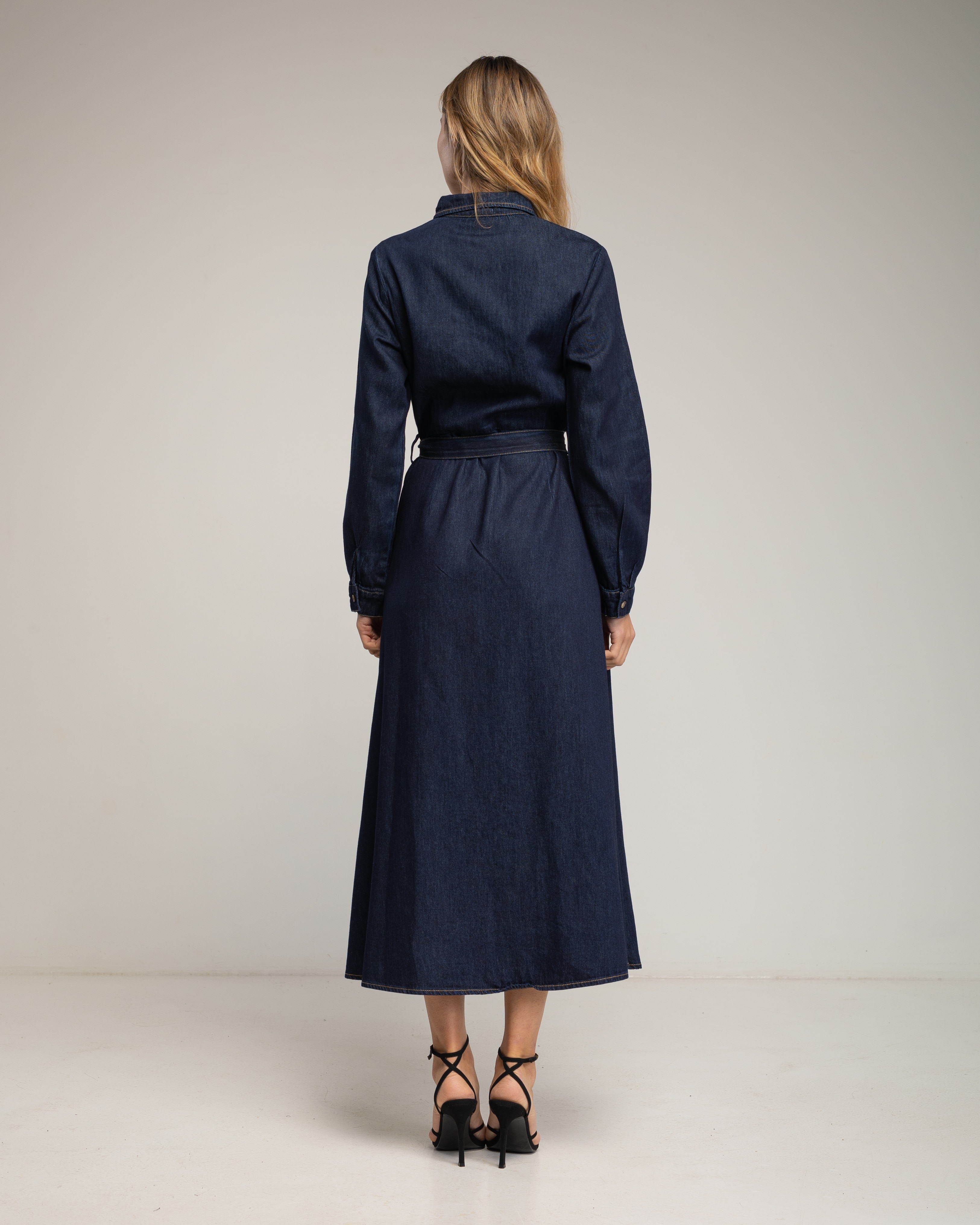 Vestido camisero de algodón midi con bolsillos en el pecho - Tantra - Azul índigo Azul índigo-3
