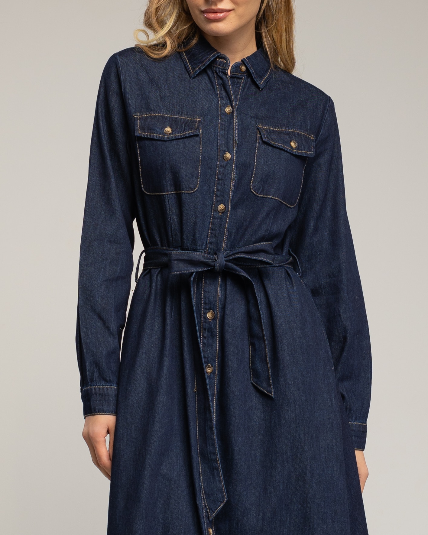 Vestido camisero de algodón midi con bolsillos en el pecho - Tantra - Azul índigo Azul índigo-4