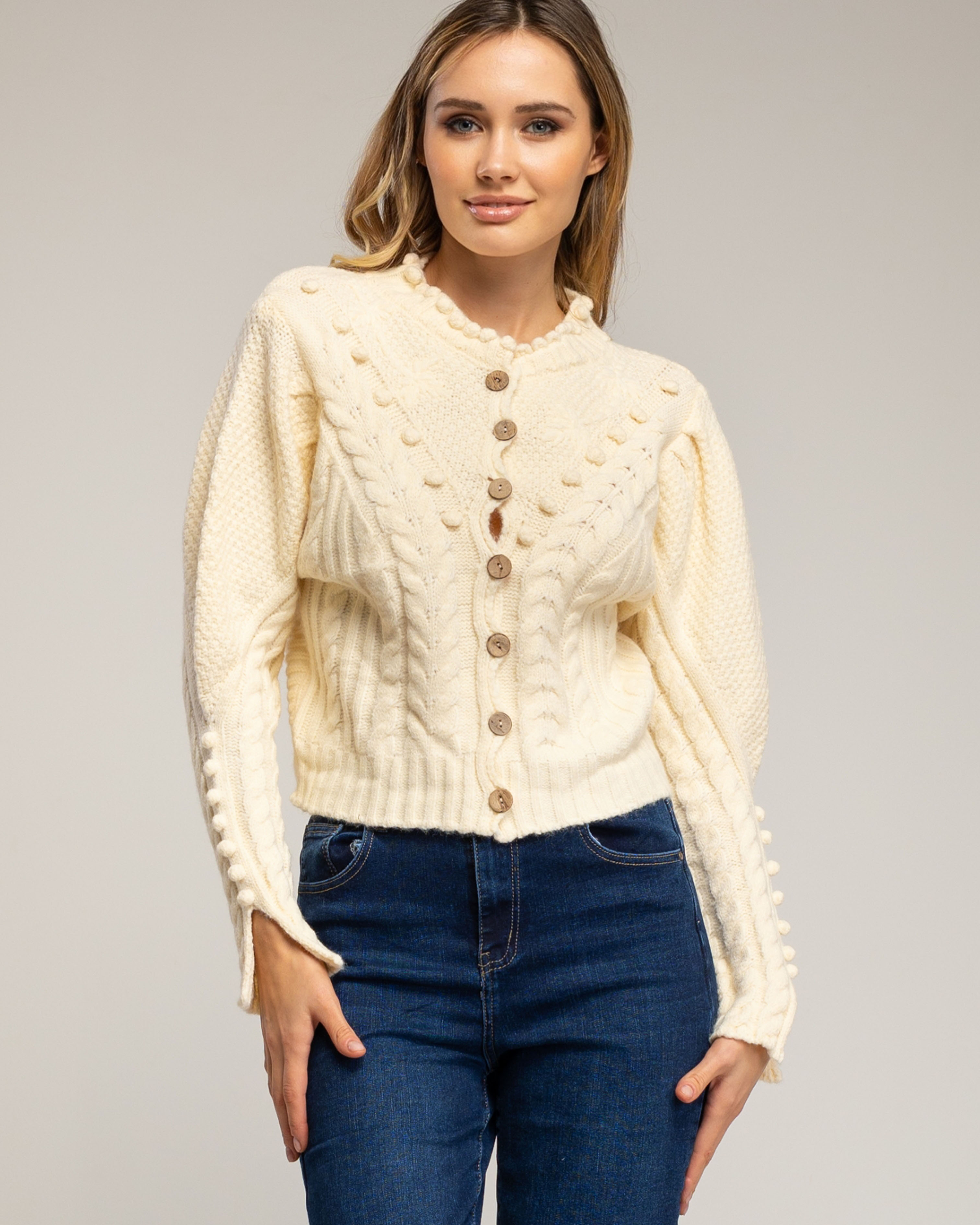 Cárdigan de mujer de punto de crochet con detalles de pompones - Tantra - Crudo Crudo-3
