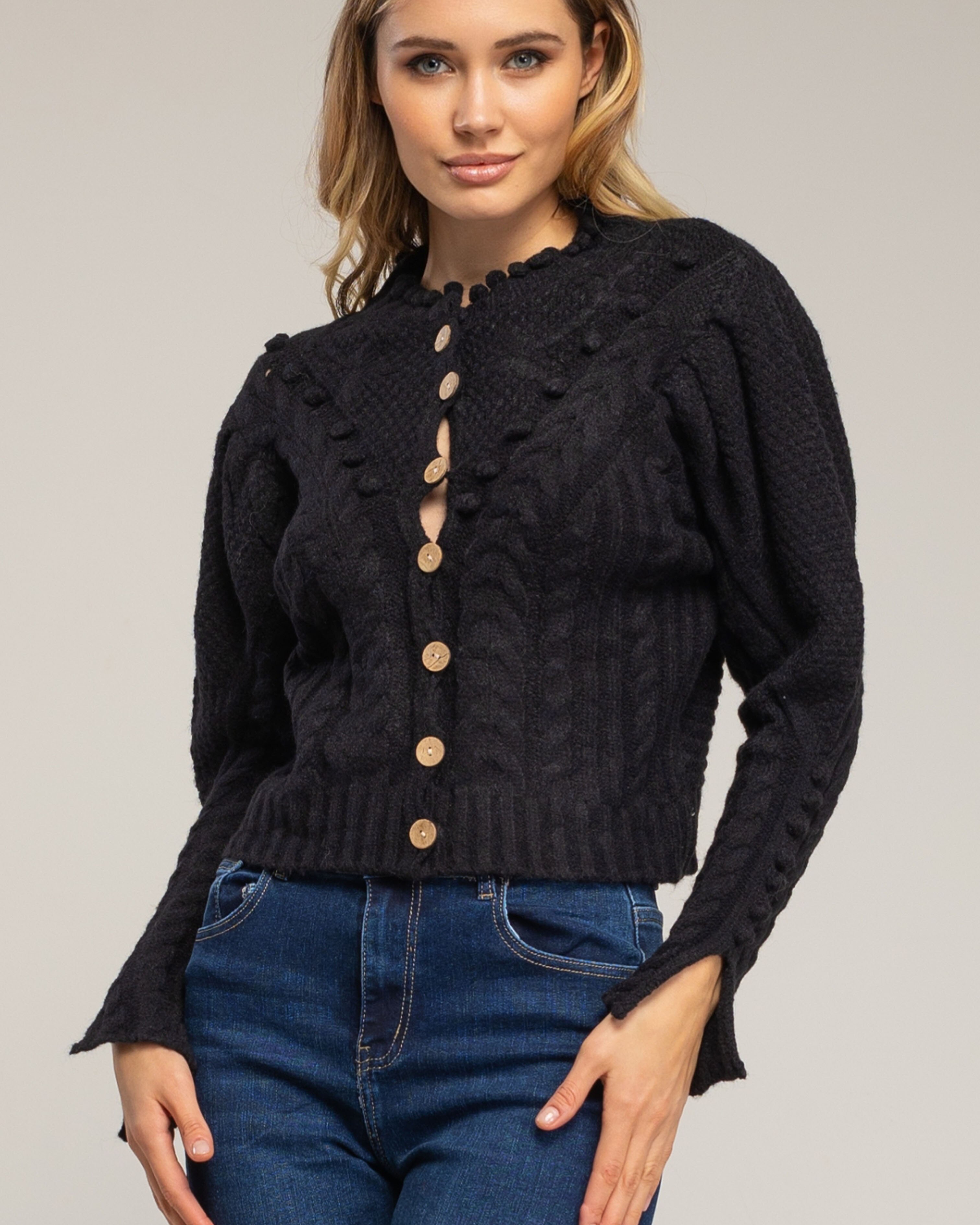 Cárdigan de mujer de punto de crochet con detalles de pompones - Tantra - Negro Negro-3