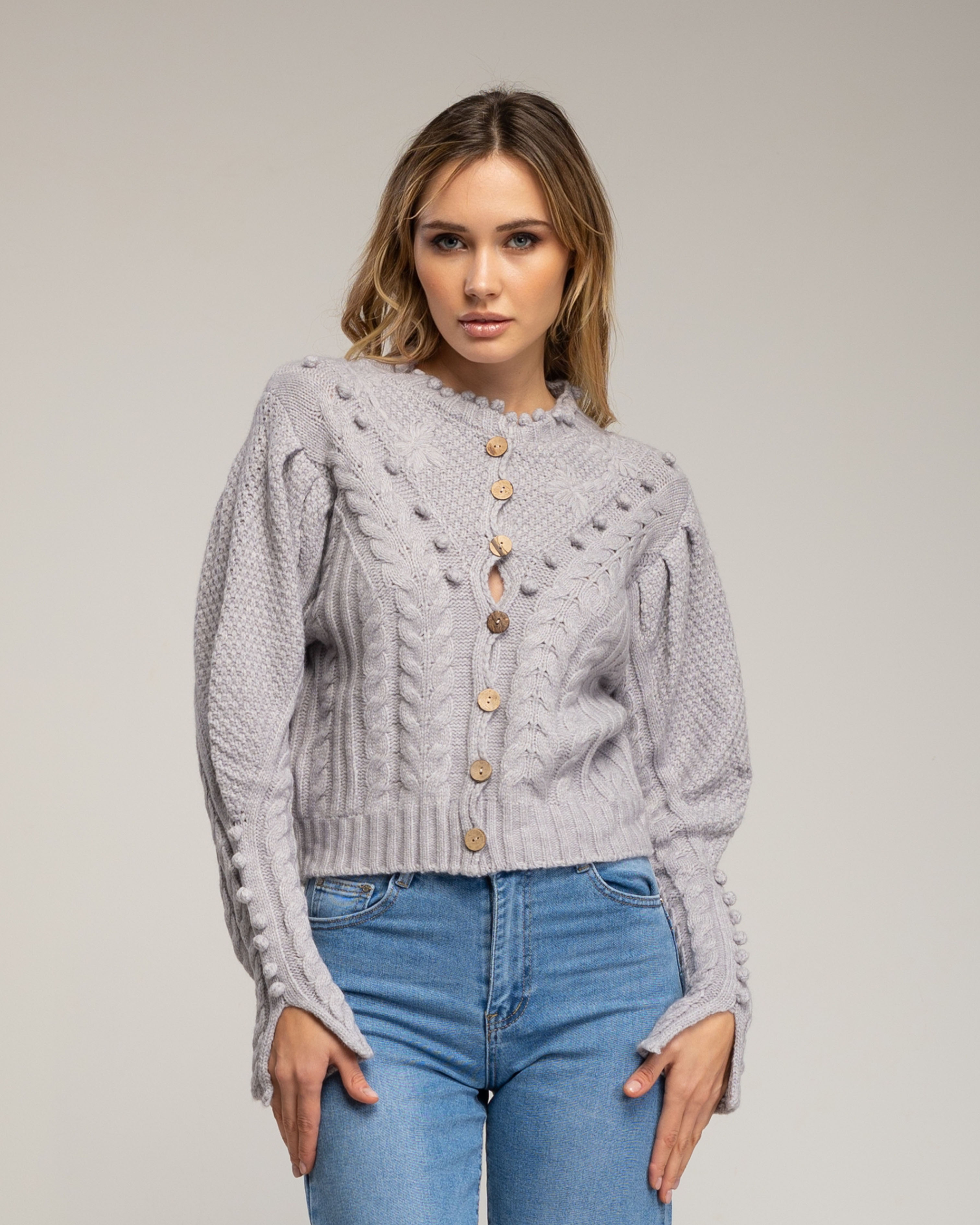 Cárdigan de mujer de punto de crochet con detalles de pompones - Tantra - Gris Gris-1