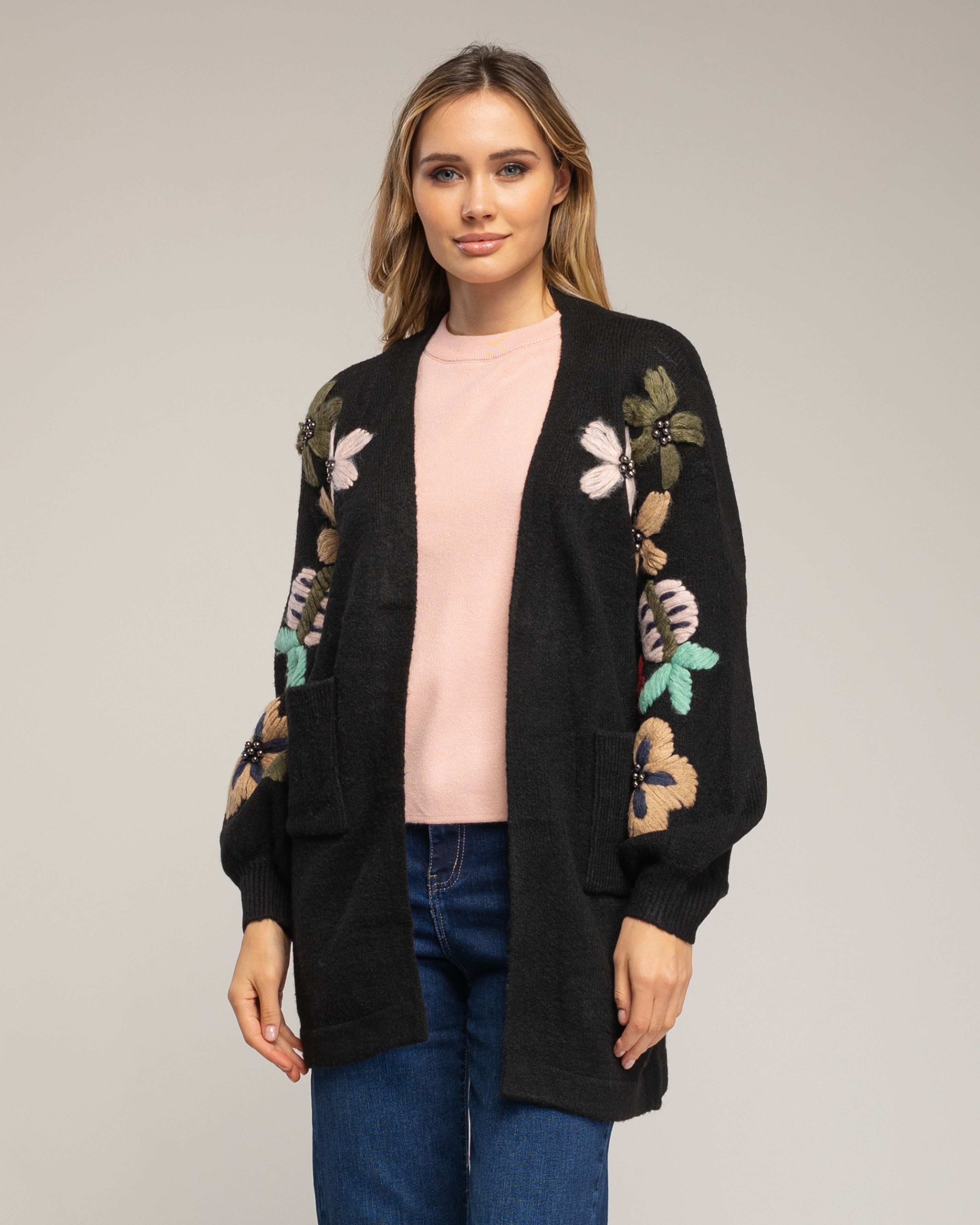 Cárdigan de mujer larga de punto con flores bordadas - Tantra - Negro Negro-1