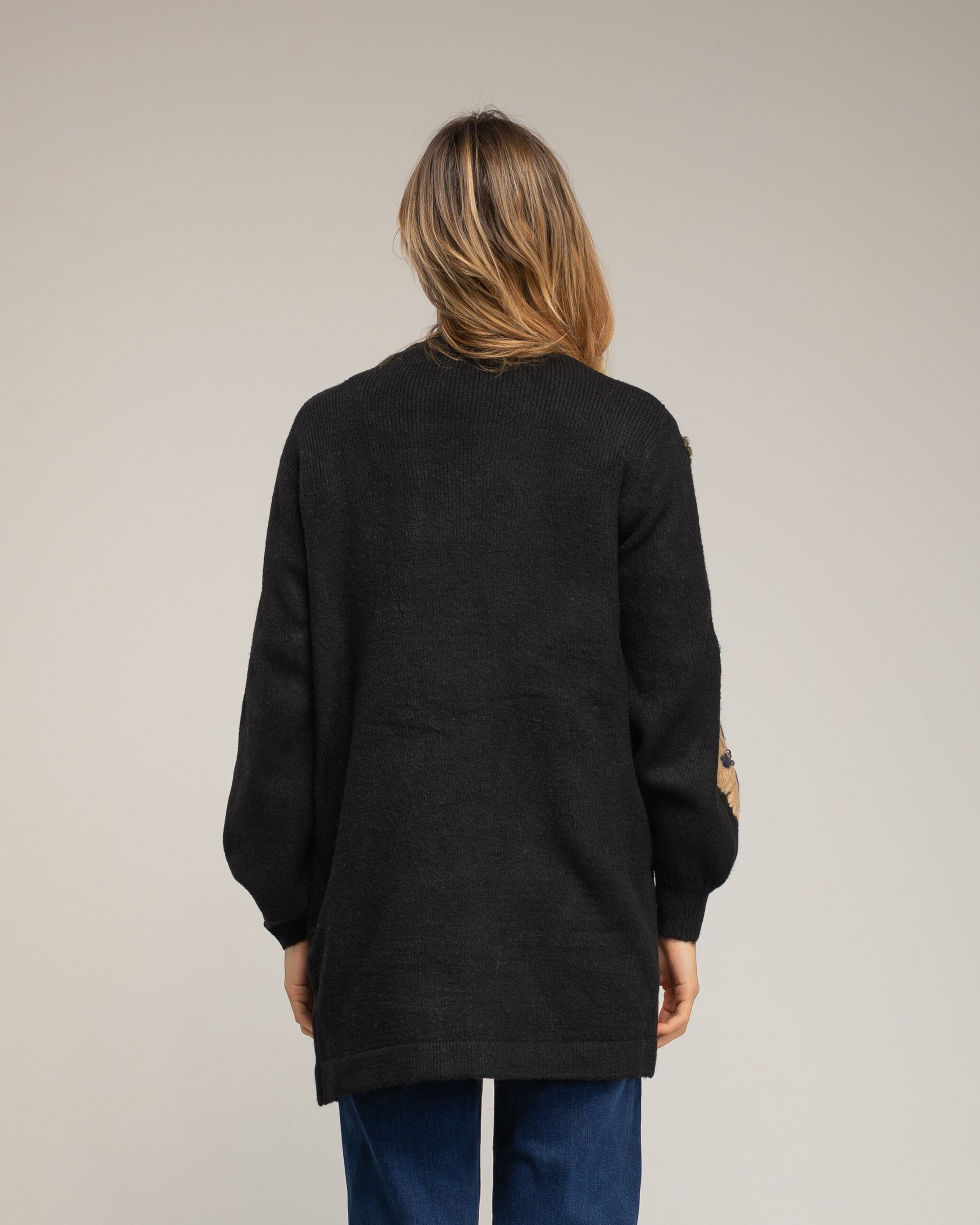 Cárdigan de mujer larga de punto con flores bordadas - Tantra - Negro Negro-2