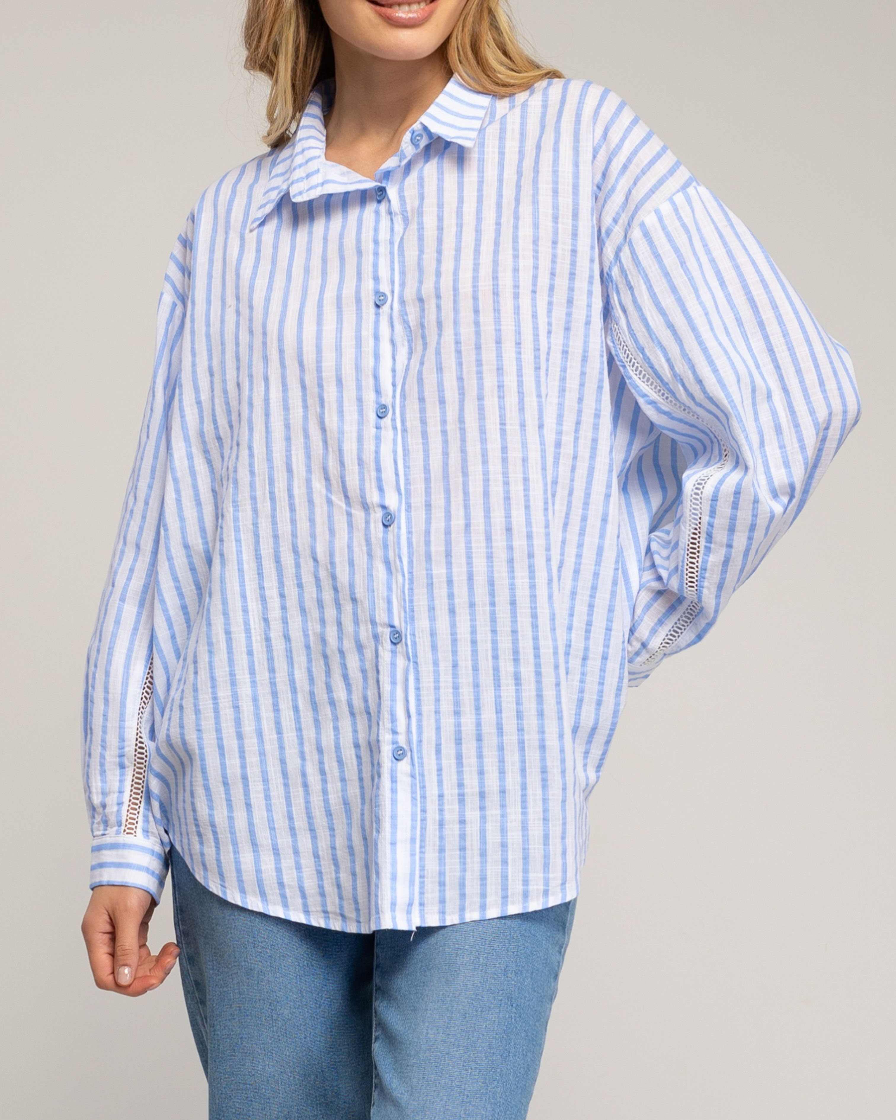 Camisa de mujer de algodón amplia de rayas - Tantra - Azul claro Azul claro-3