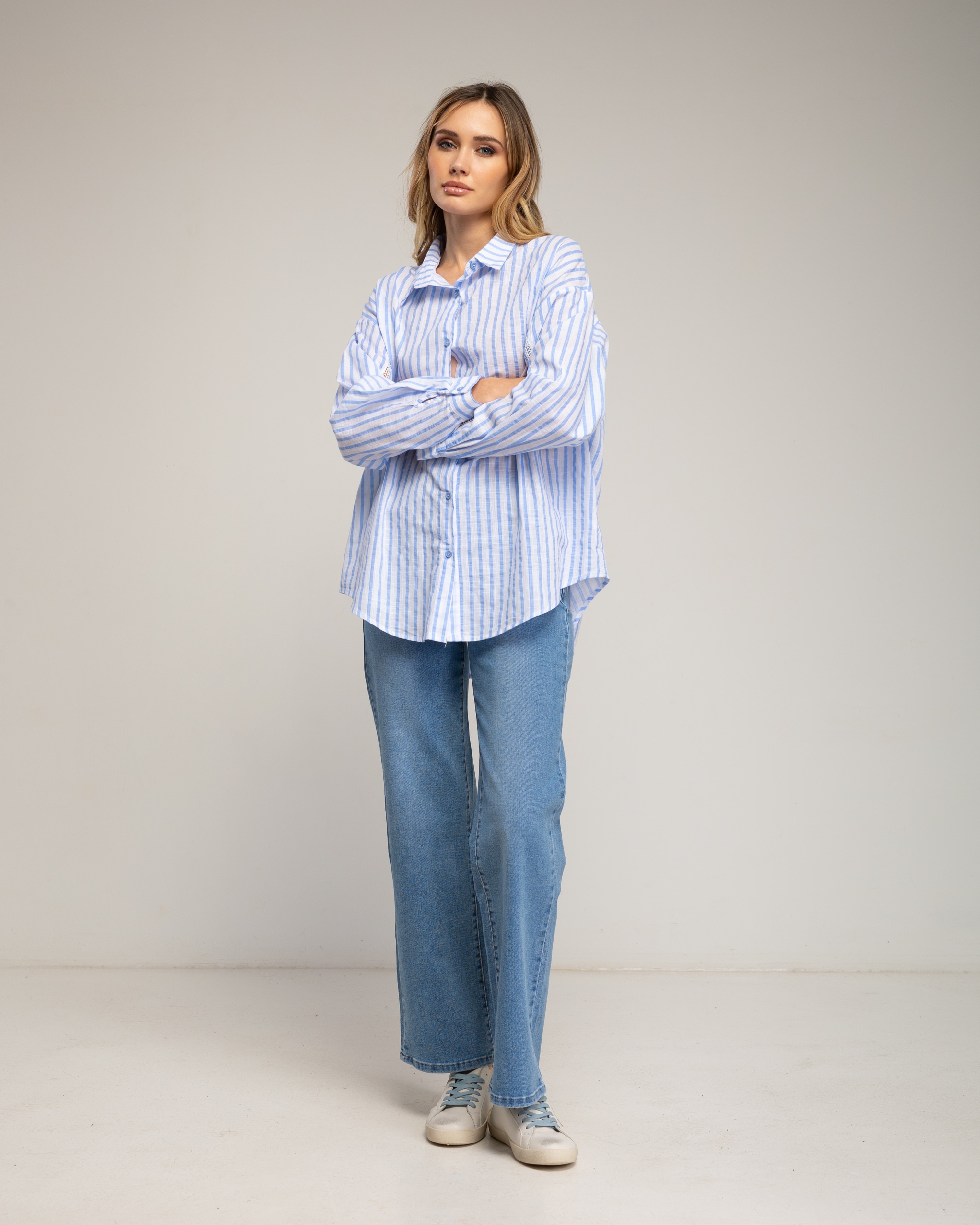Camisa de mujer de algodón amplia de rayas - Tantra - Azul claro Azul claro-4