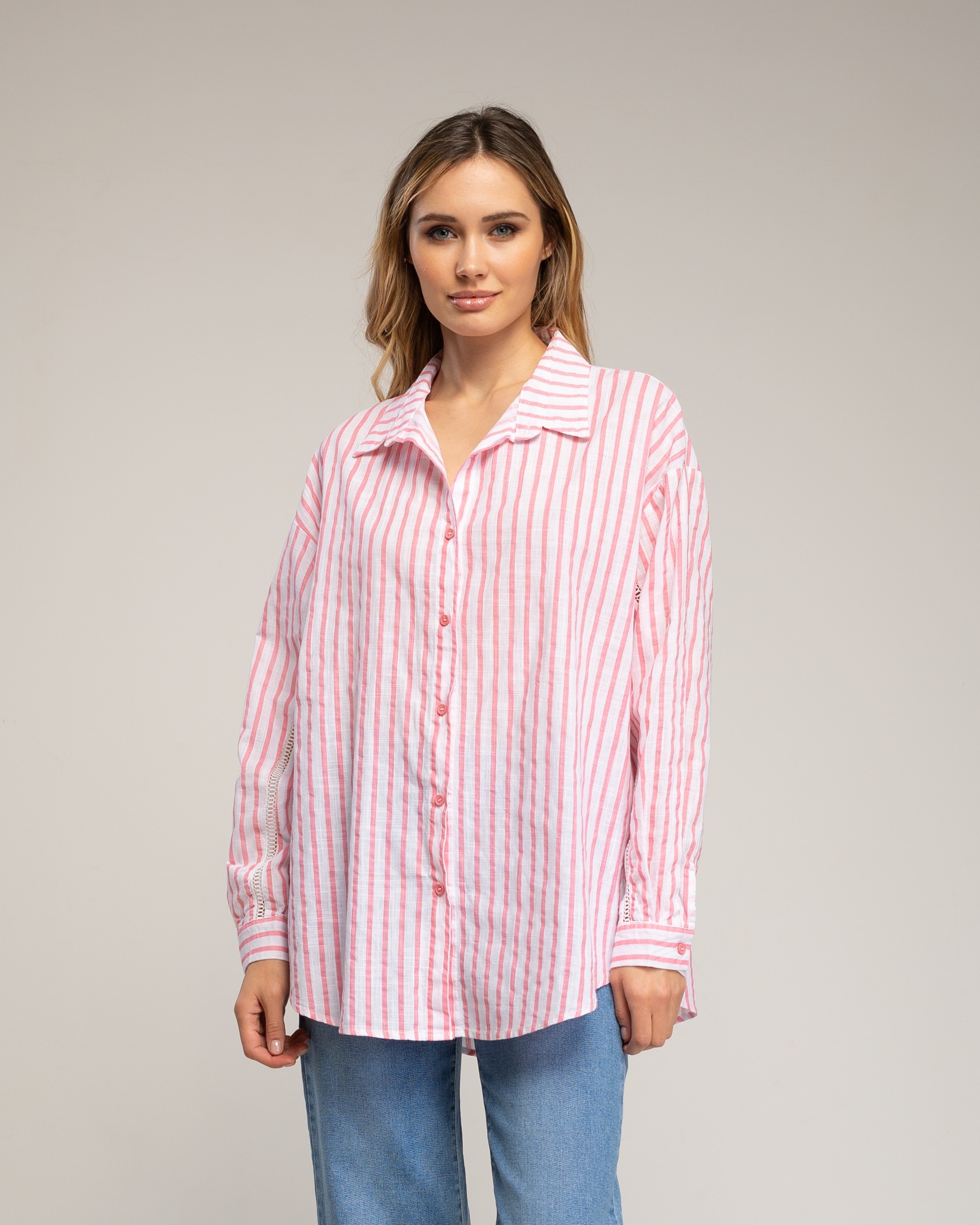 Camisa de mujer de algodón amplia de rayas - Tantra - Rosa claro Rosa claro-1