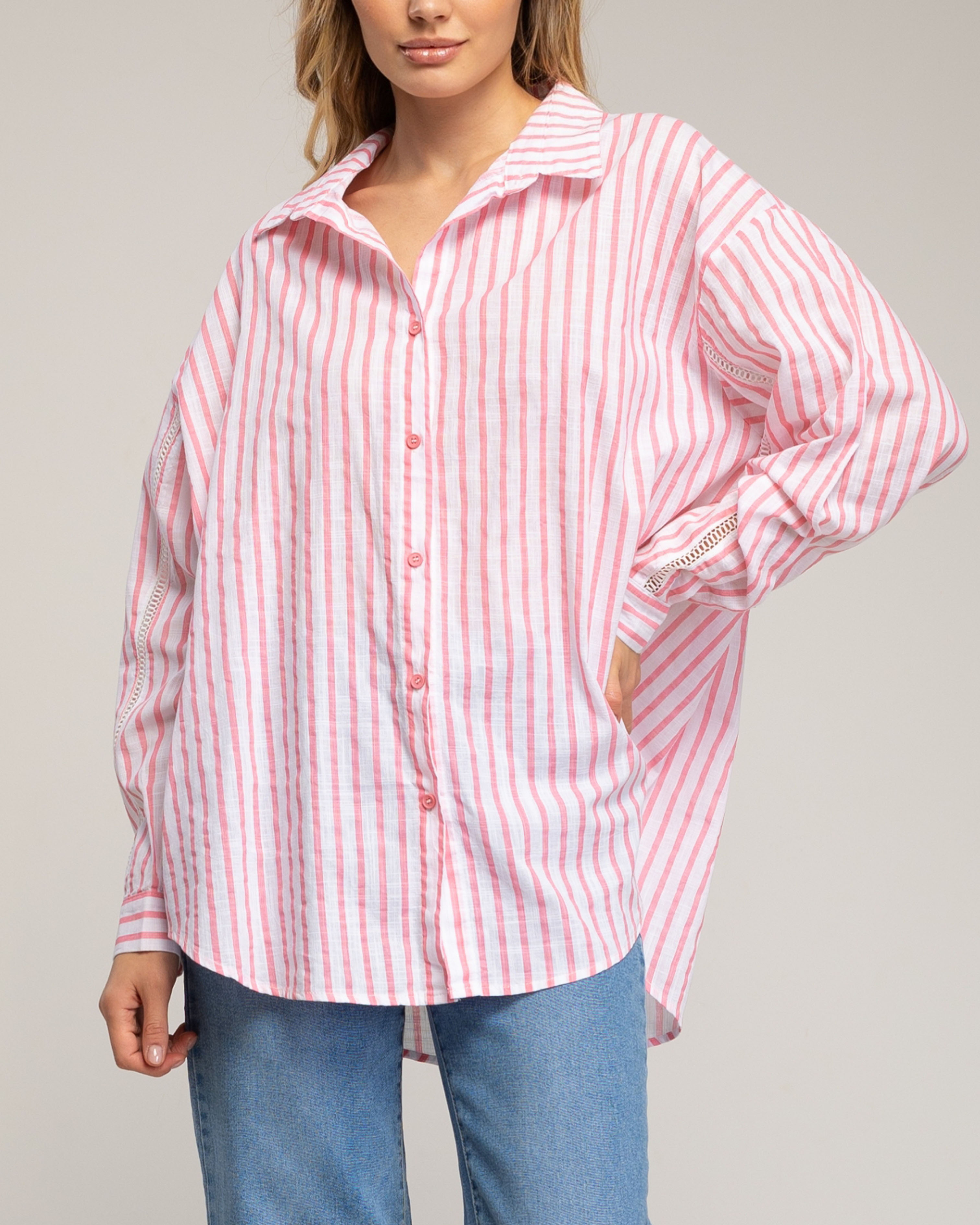 Camisa de mujer de algodón amplia de rayas - Tantra - Rosa claro Rosa claro-3