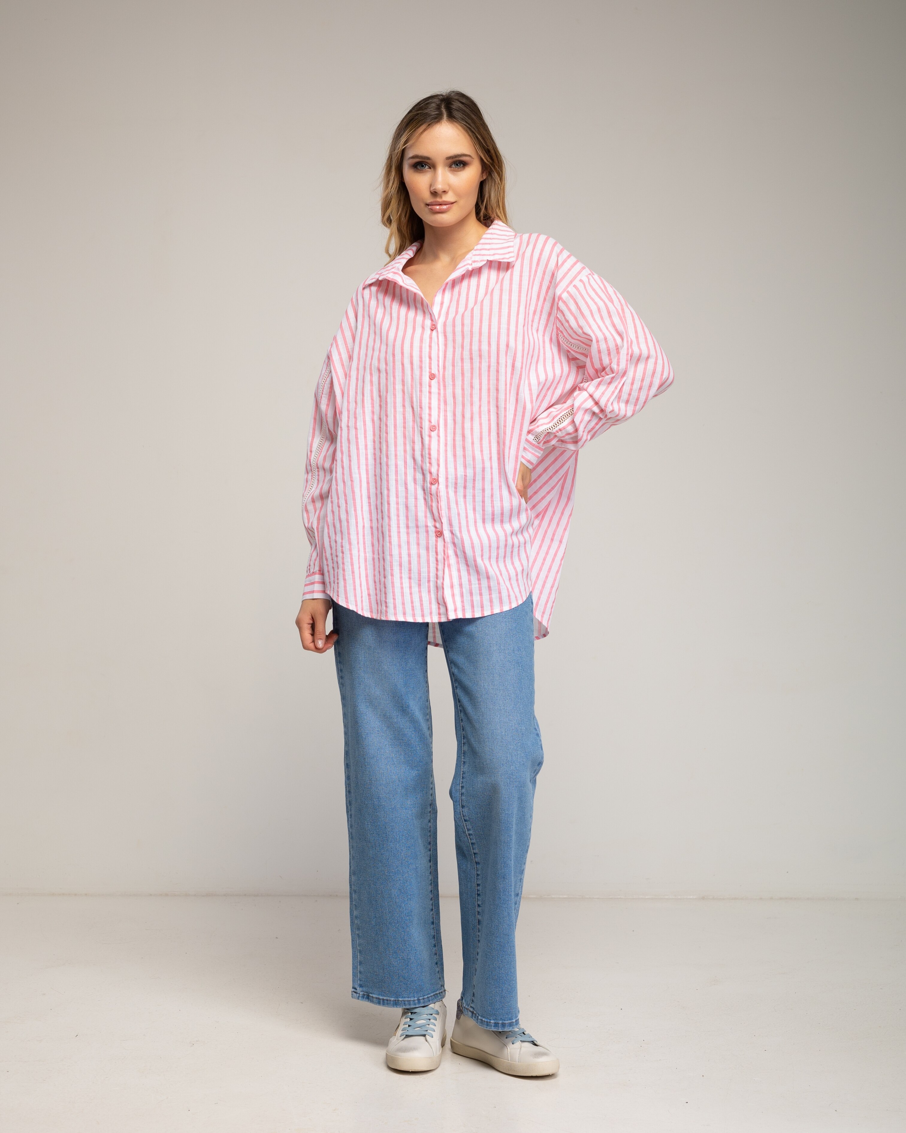 Camisa de mujer de algodón amplia de rayas - Tantra - Rosa claro Rosa claro-4