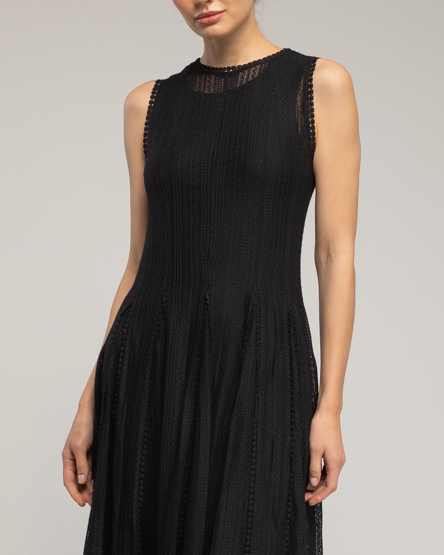 Vestido midi con algodón sin mangas de encaje con textura - Tantra - Negro Negro-4
